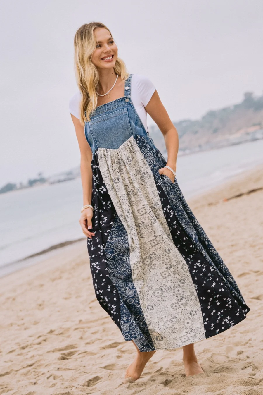 Blue Floral Colorblock Print Denim Contrast Maternity Dress - Image 6