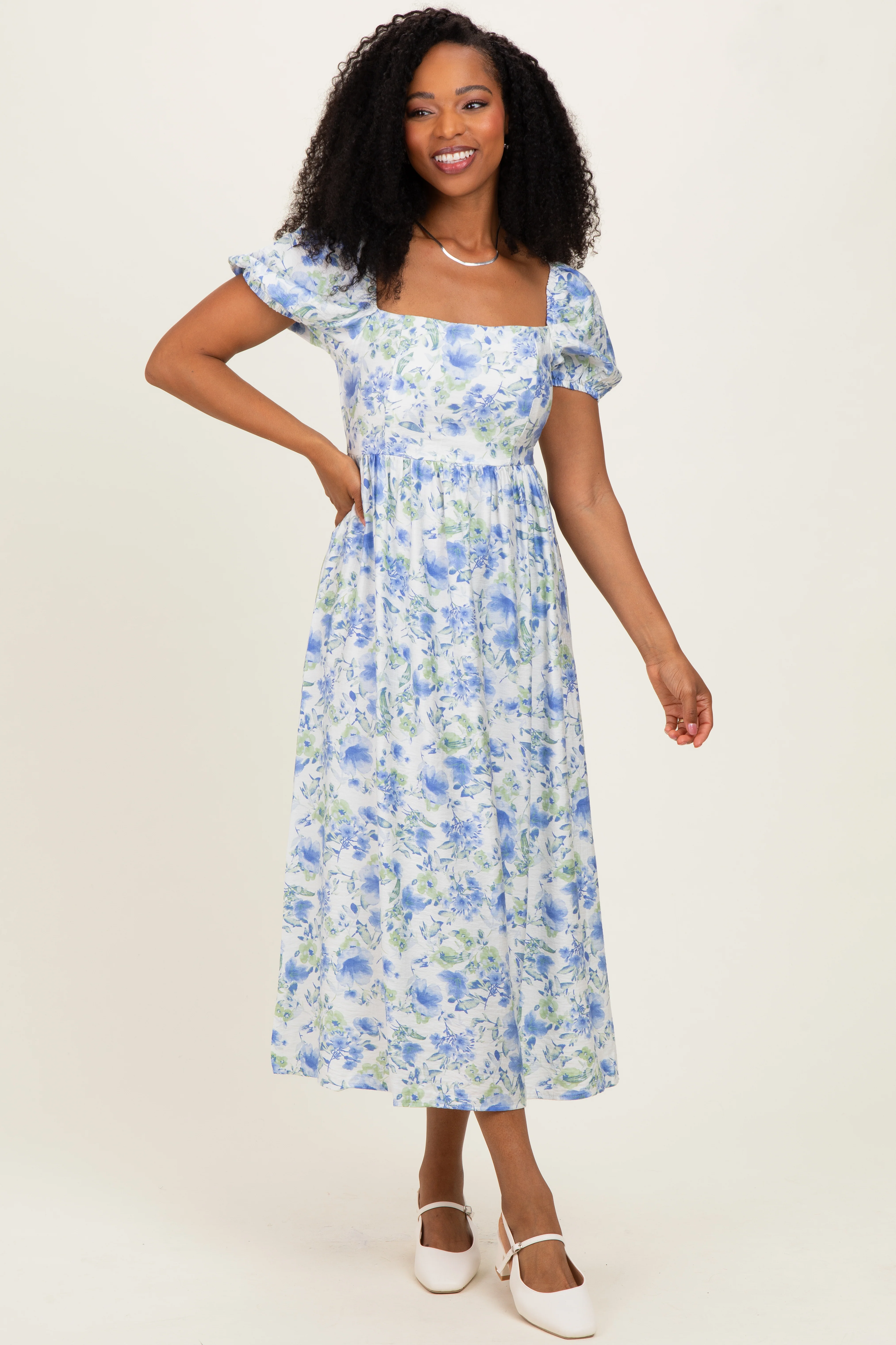 Blue Floral Crisscross Back Maternity Midi Dress - Image 5