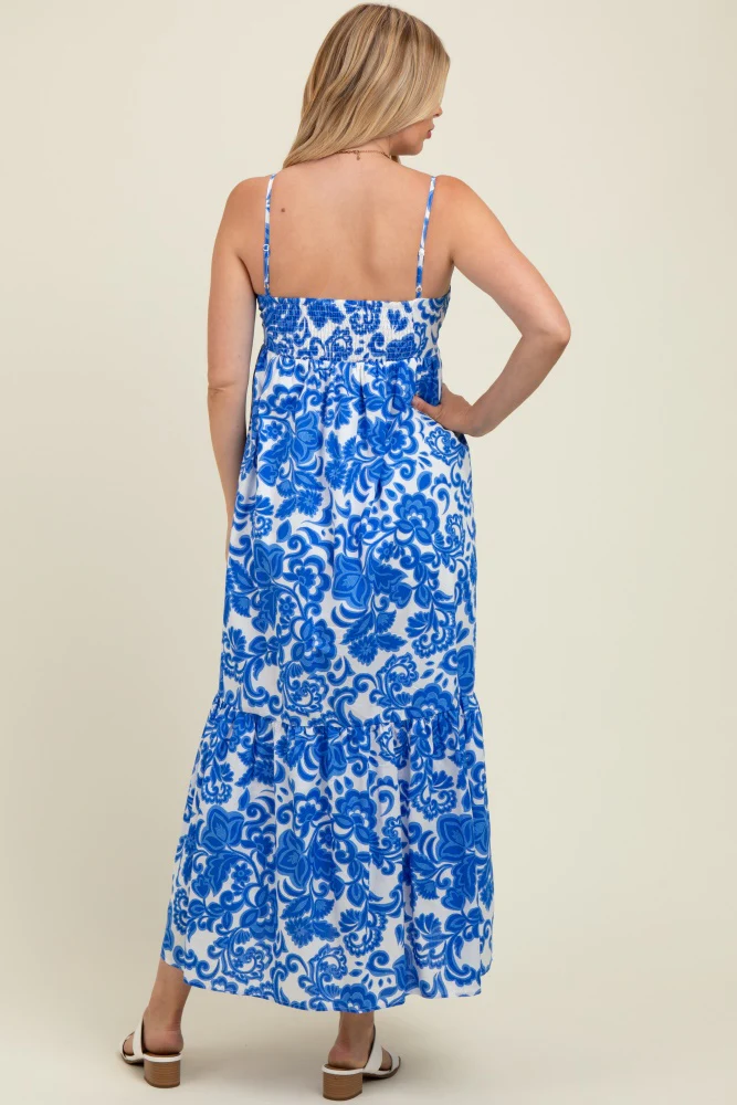 Blue Floral Flowy Ruffle Hem Maternity Maxi Dress - Image 3