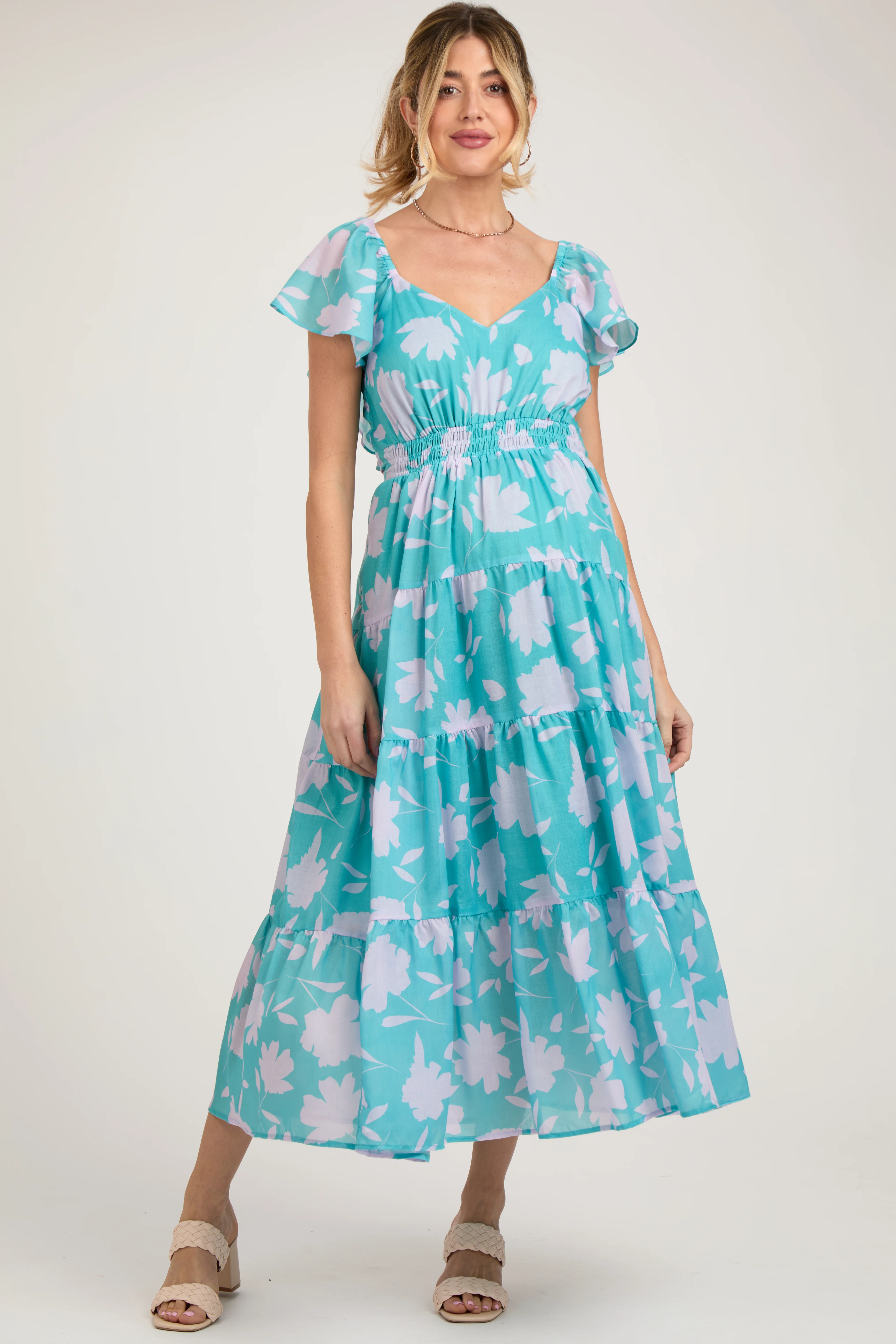 Blue Floral Flutter Sleeve Tiered Maternity Maxi Dress - Image 3
