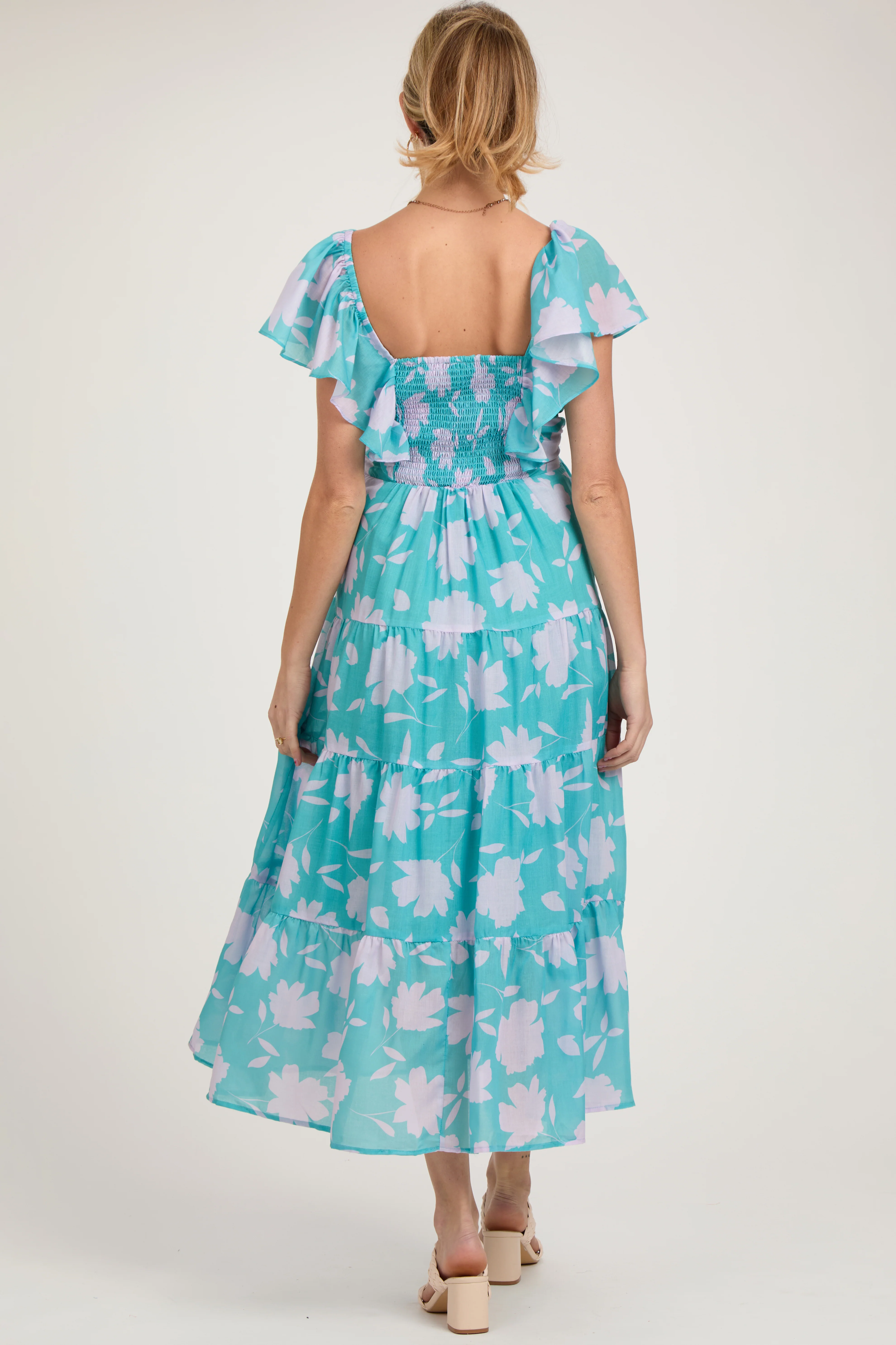 Blue Floral Flutter Sleeve Tiered Maternity Maxi Dress - Image 4