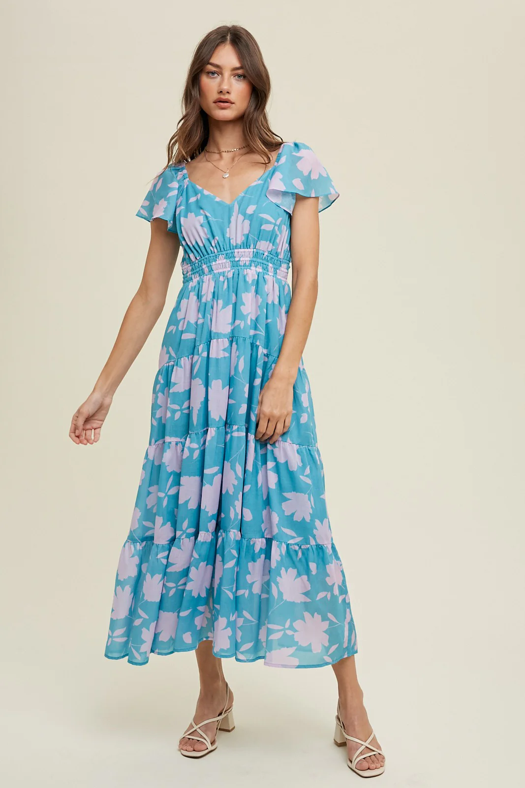 Blue Floral Flutter Sleeve Tiered Maternity Maxi Dress - Image 5