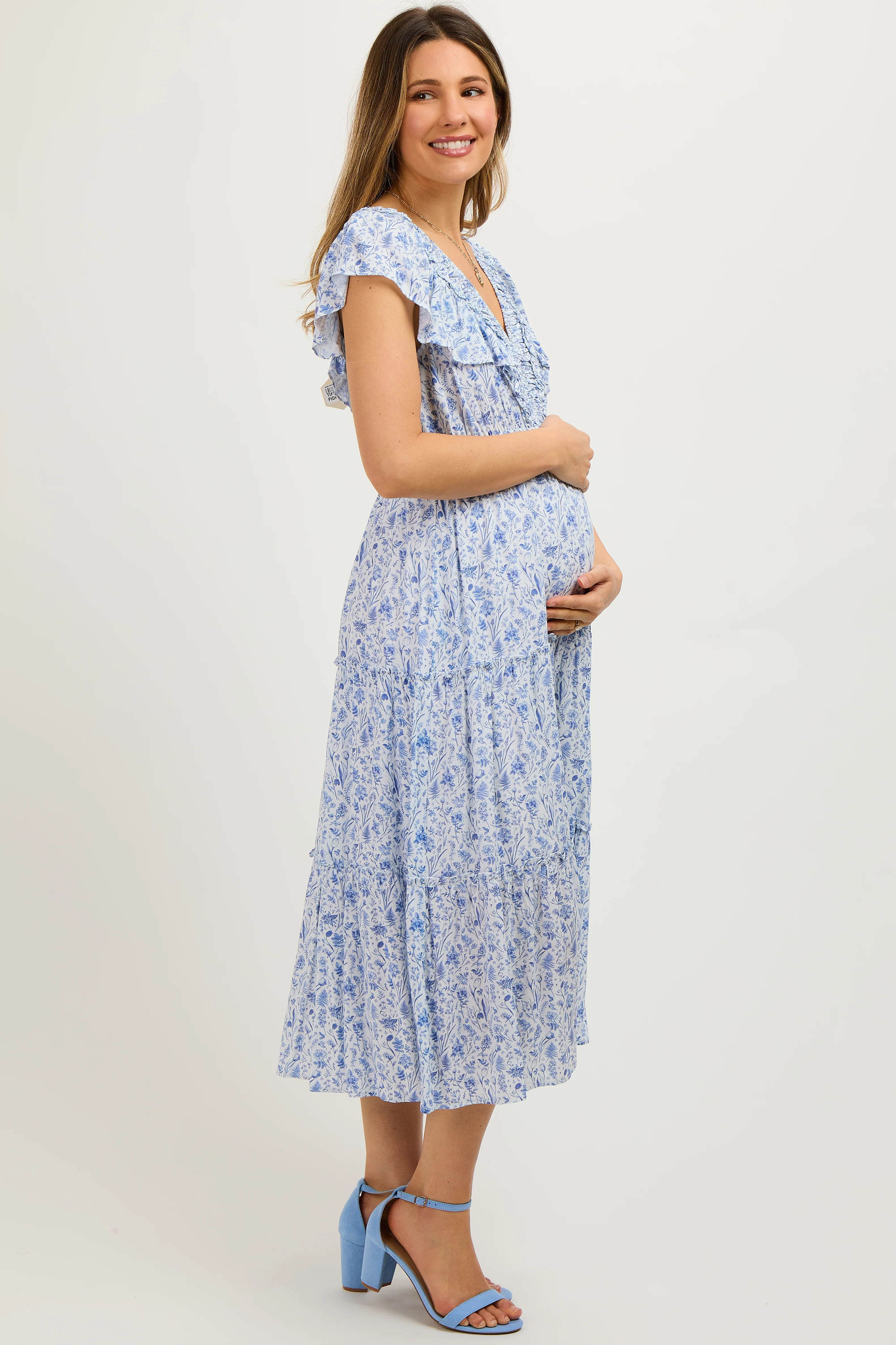 Blue Floral Front Ruched Ruffle Shoulder Tiered Maternity Midi Dress - Image 3