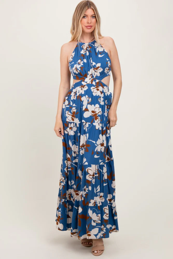 Blue Floral Halter Side Cutout Maternity Maxi Dress - Image 5