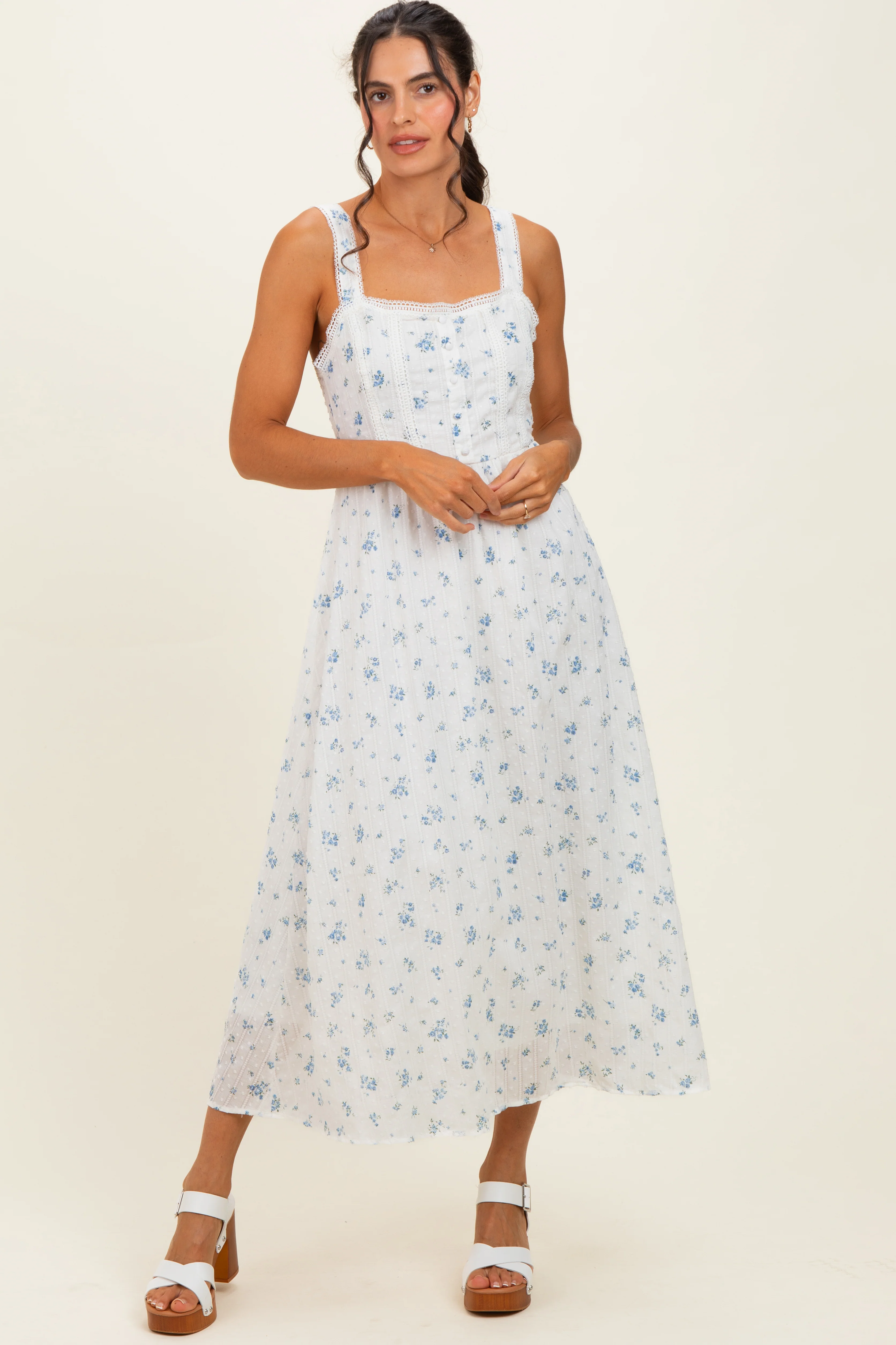 Blue Floral Lace Accent Sleeveless Maternity Maxi Dress - Image 4