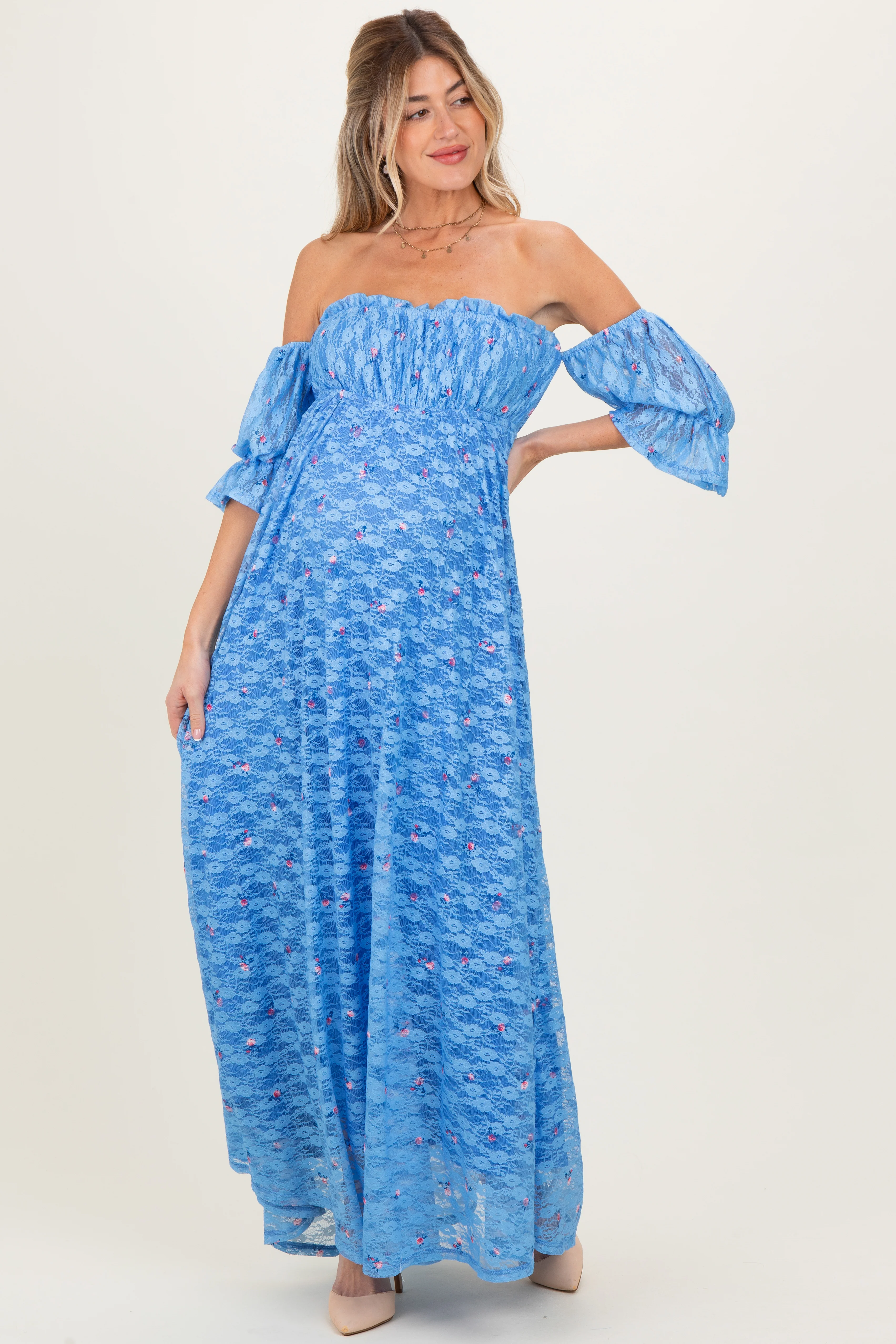 Blue Floral Lace Off Shoulder Ruffe Sleeve Maternity Maxi Dress - Image 2