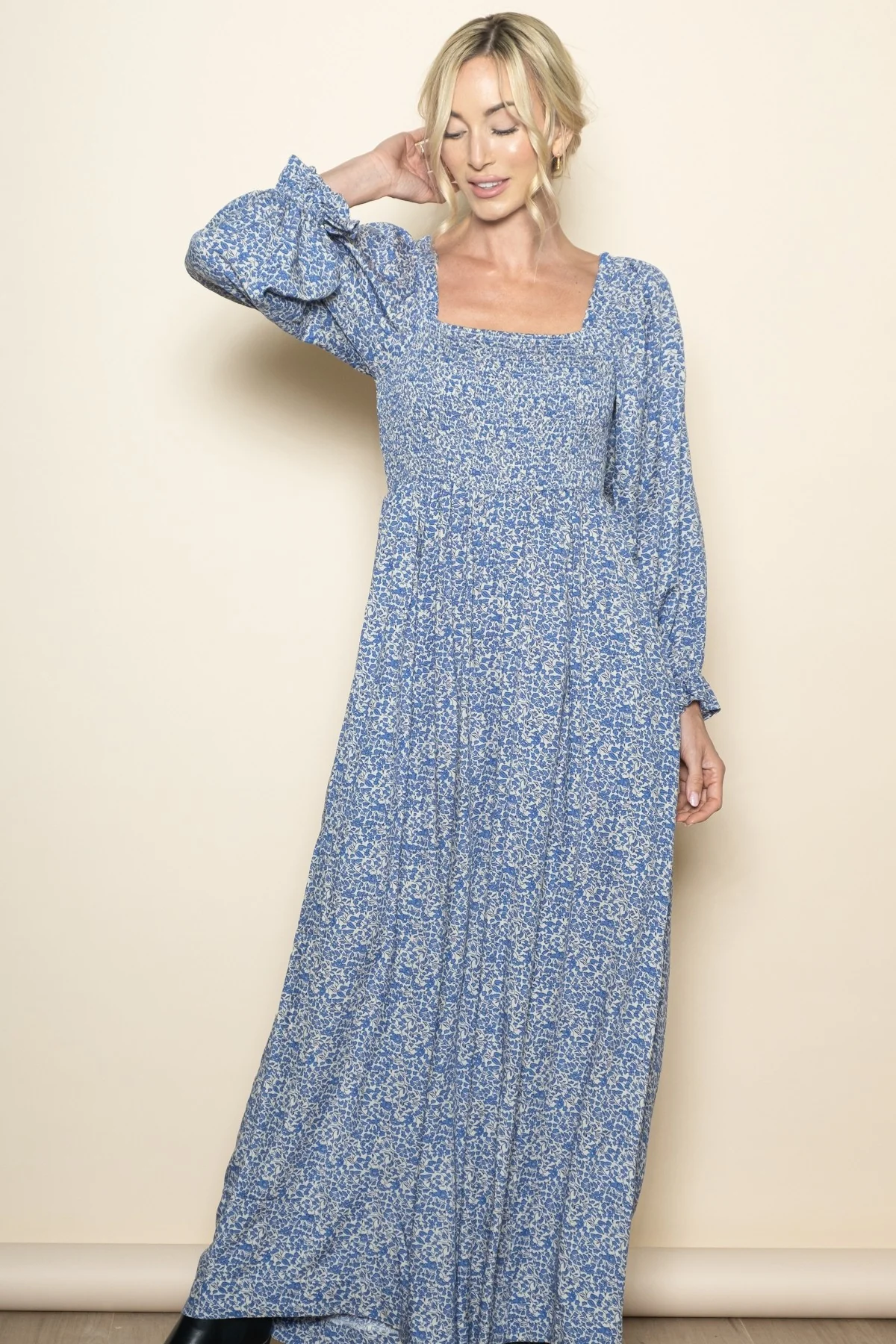 Blue Floral Long Sleeve Wide Leg Jumpsuit - Image 3