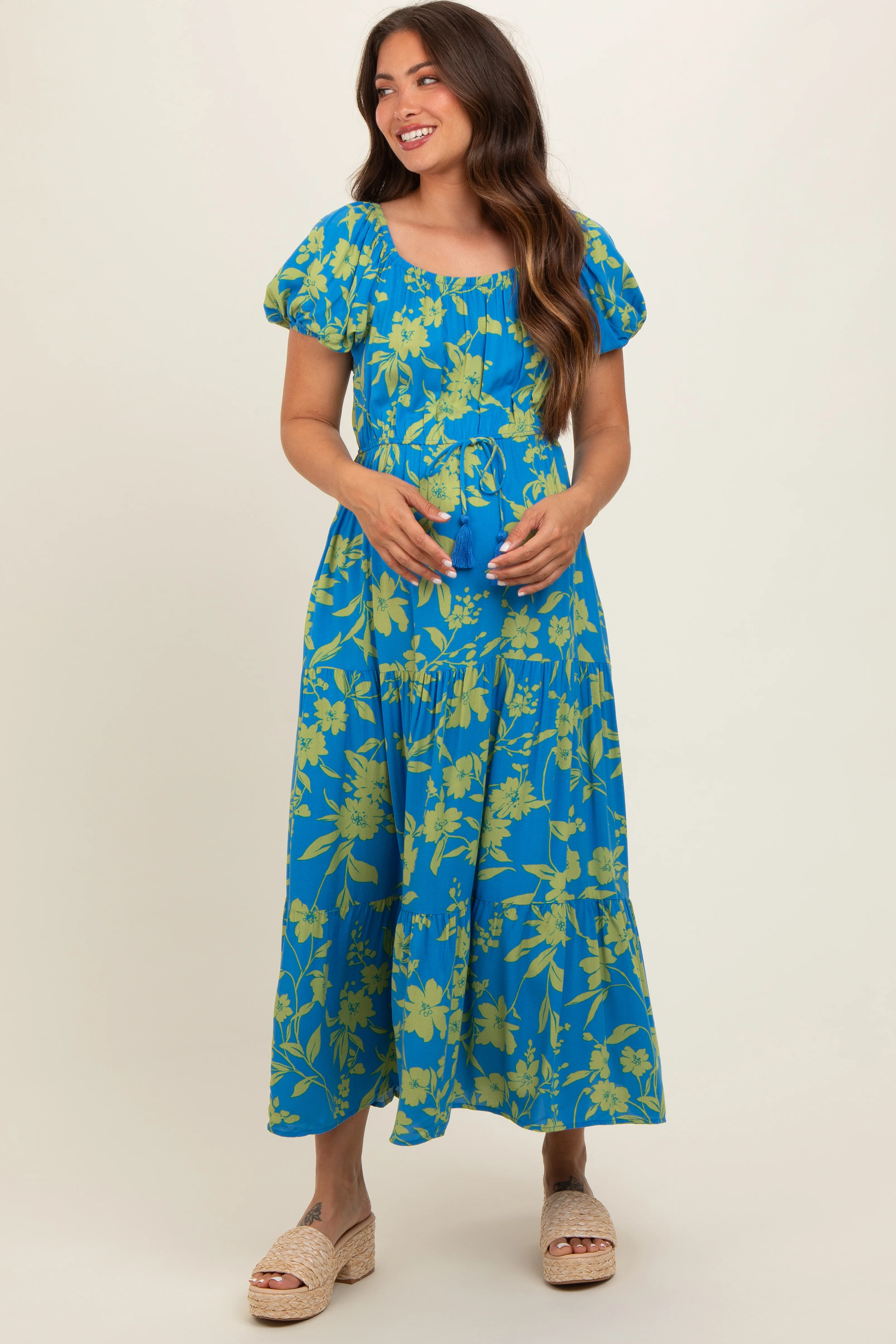 Blue Floral Off Shoulder Puff Sleeve Maternity Midi Dress - Image 3