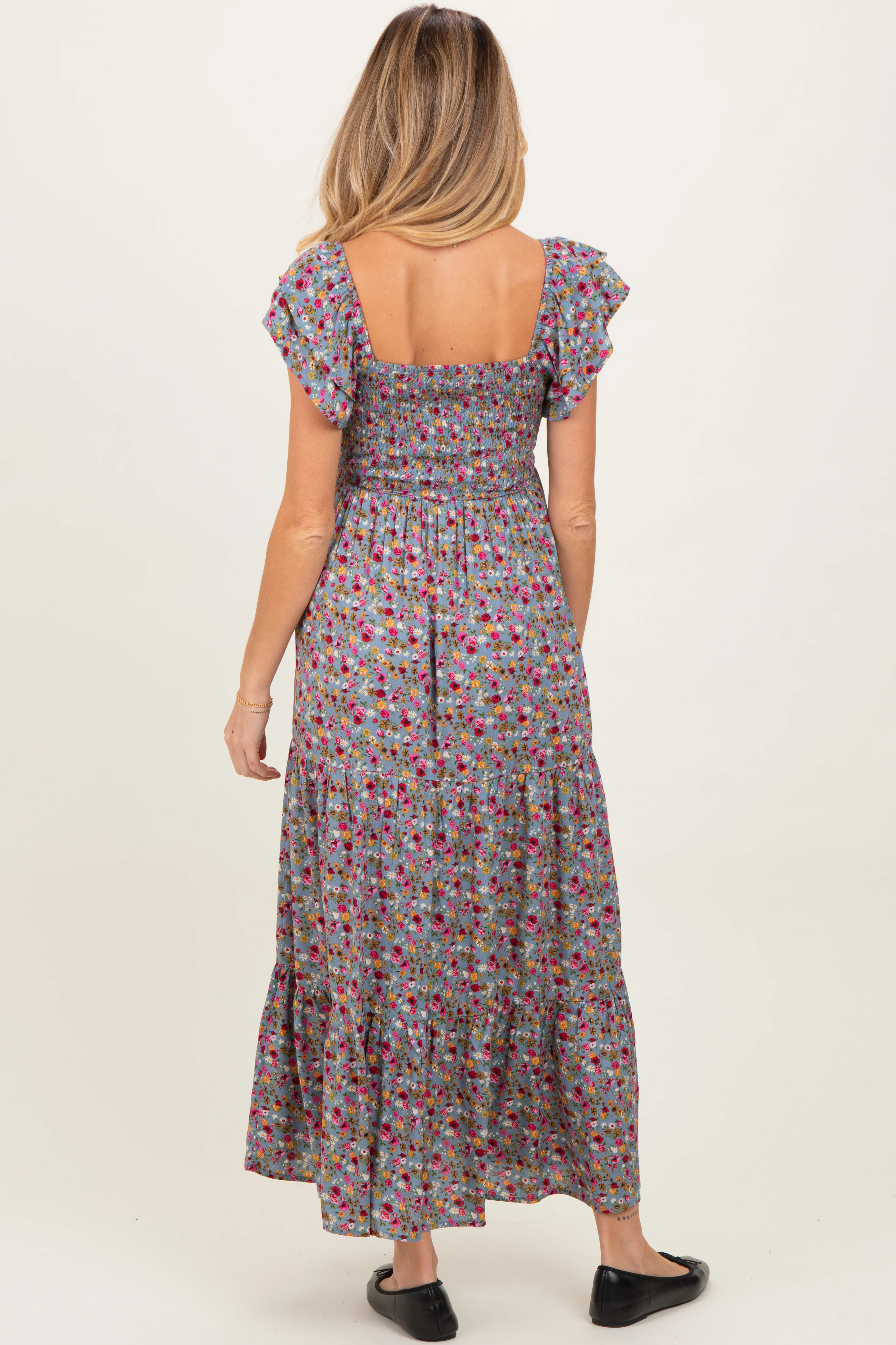 Blue Floral Off Shoulder Smocked Maternity Maxi Dress - Image 4