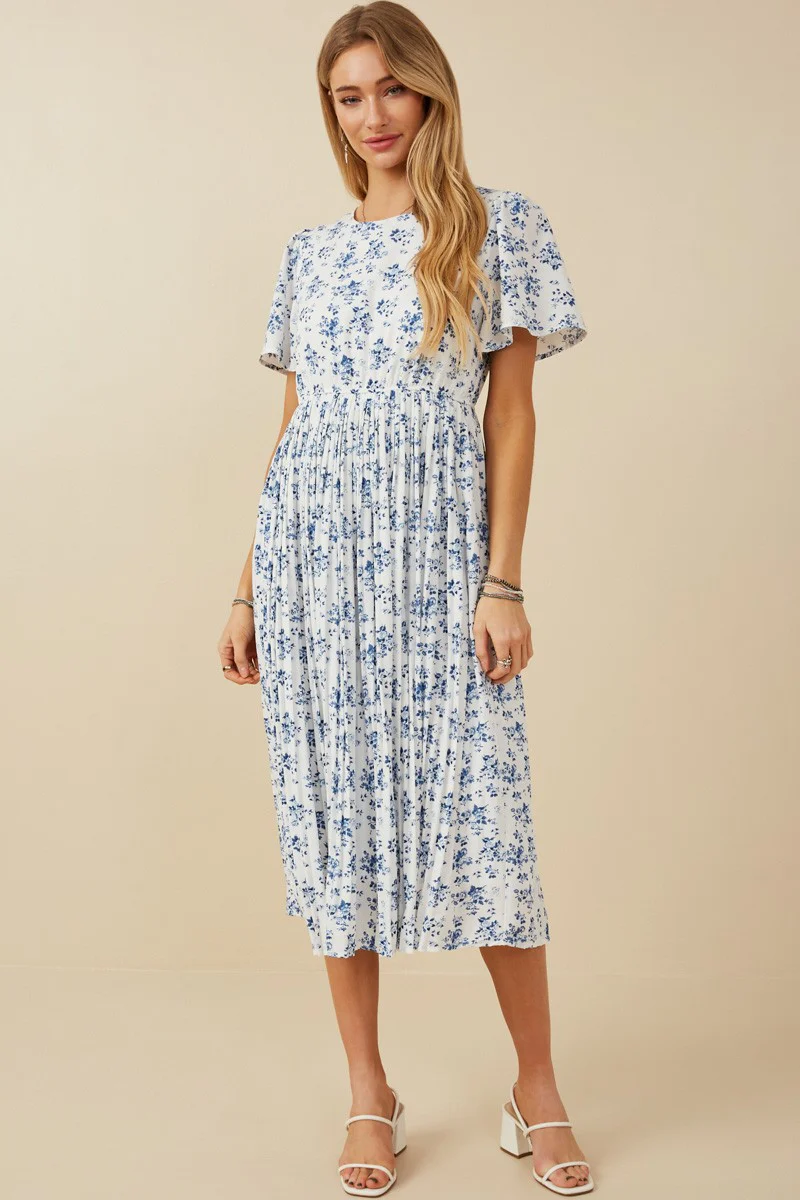 Blue Floral Peated Maternity Midi Dress - Image 5