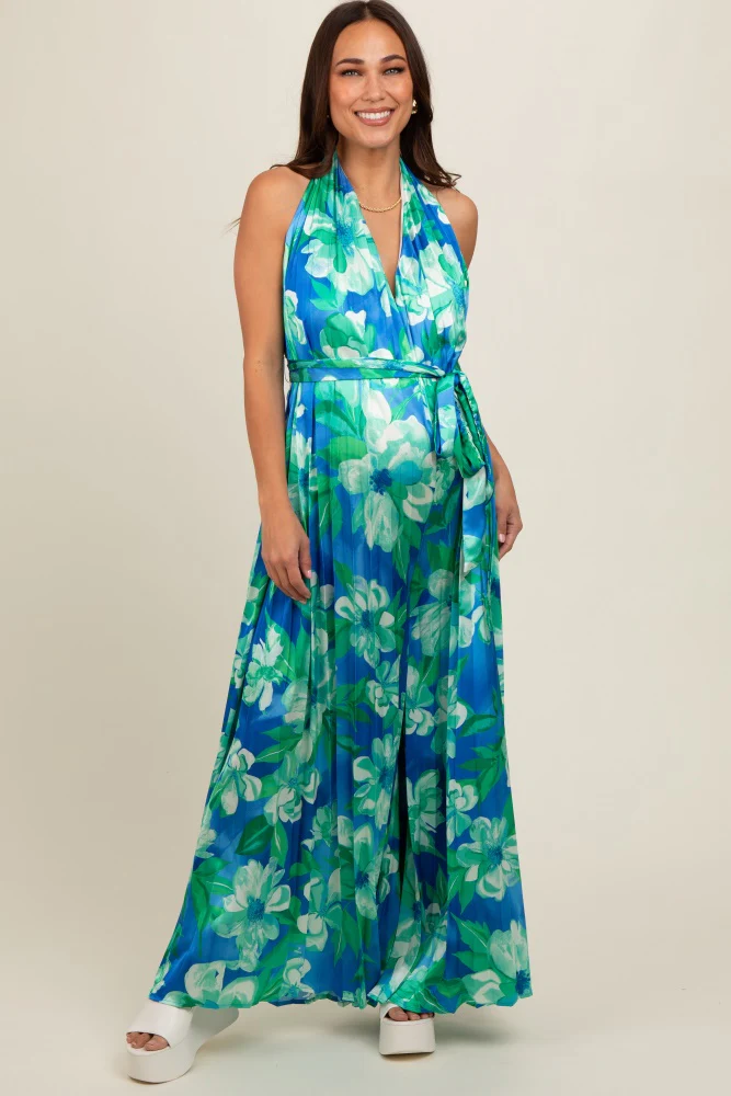 Blue Floral Pleated Halter Maternity Jumpsuit - Image 3