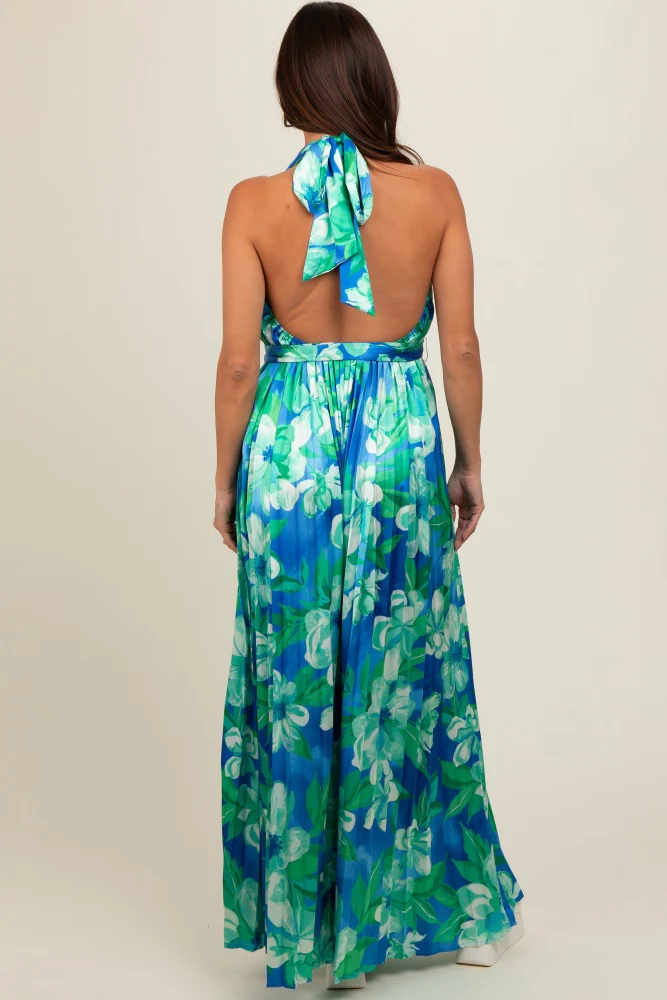 Blue Floral Pleated Halter Maternity Jumpsuit - Image 4
