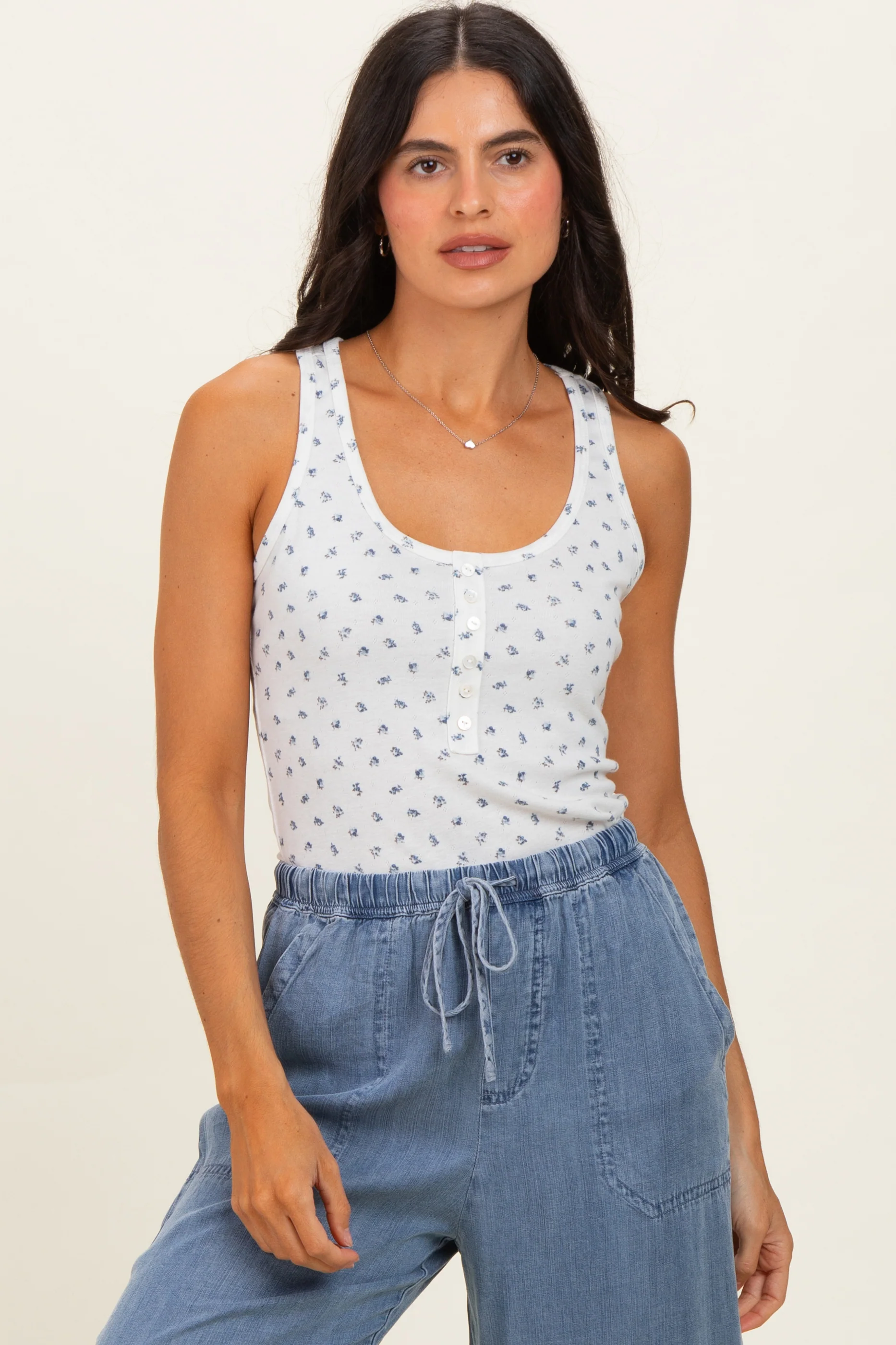 Blue Floral Pointelle Knit Button Tank Top - Image 2