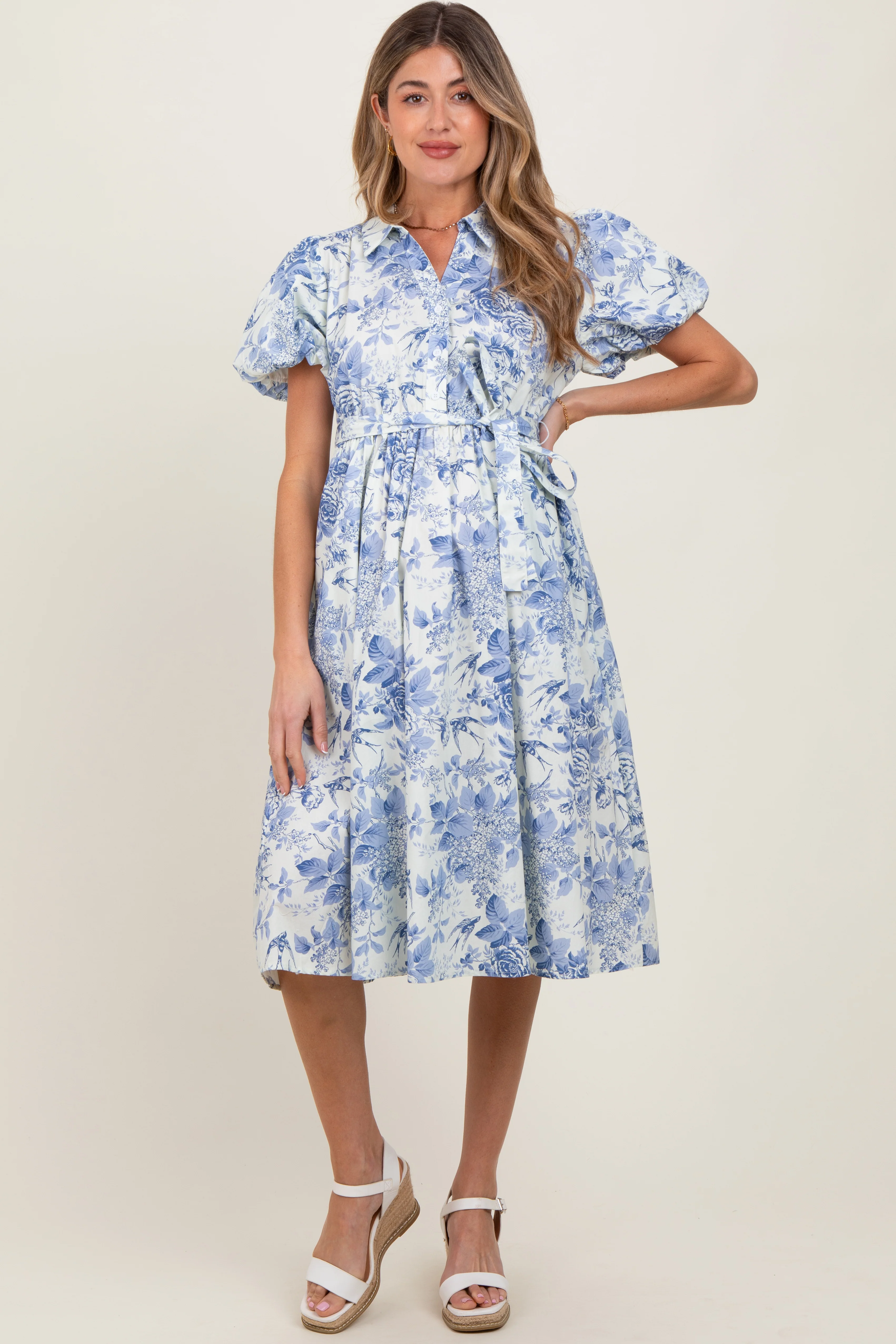 Blue Floral Print Belted Maternity Midi Dress - Image 2
