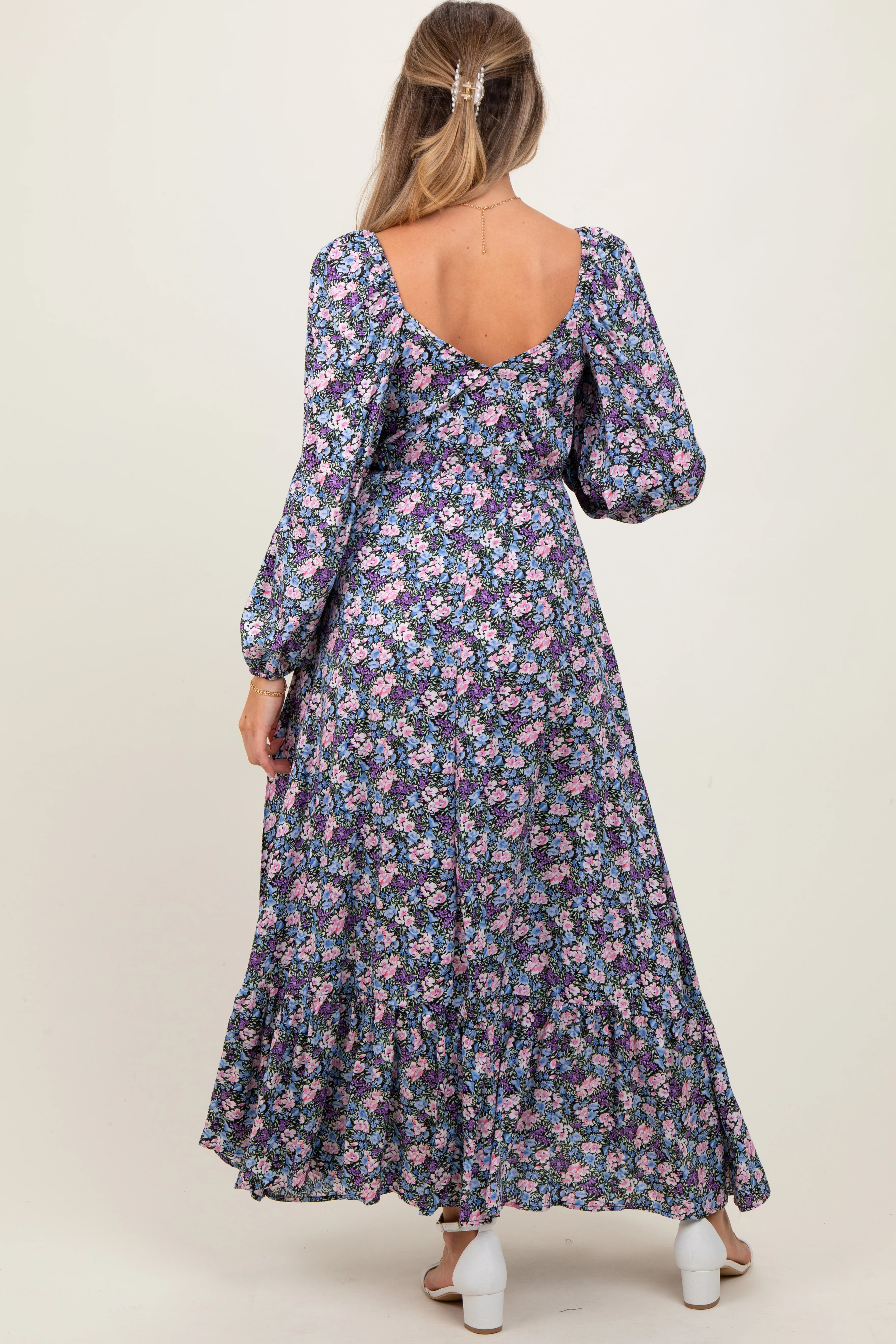Blue Floral Reversible Long Sleeve Maternity Maxi Dress - Image 3