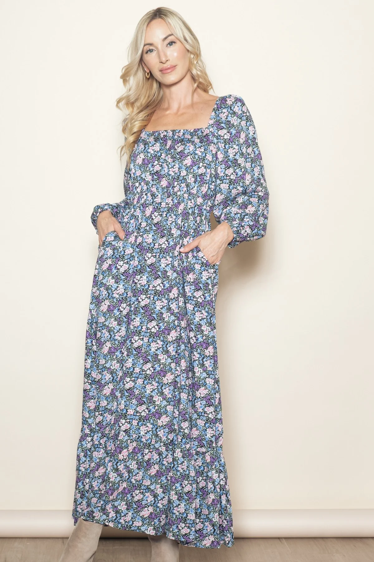 Blue Floral Reversible Long Sleeve Maternity Maxi Dress - Image 4