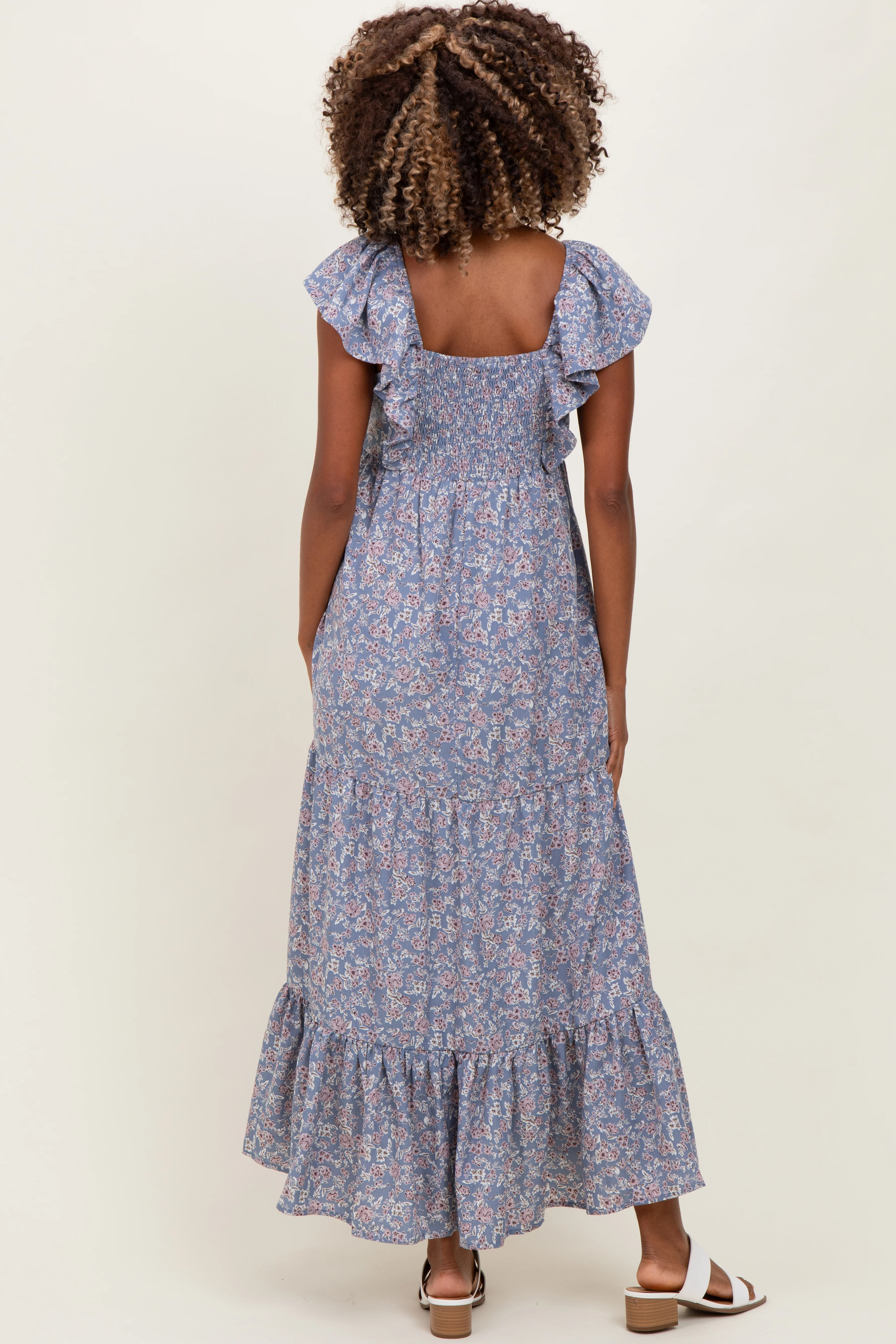 Blue Floral Ruffle Sleeve Maternity Maxi Dress - Image 4