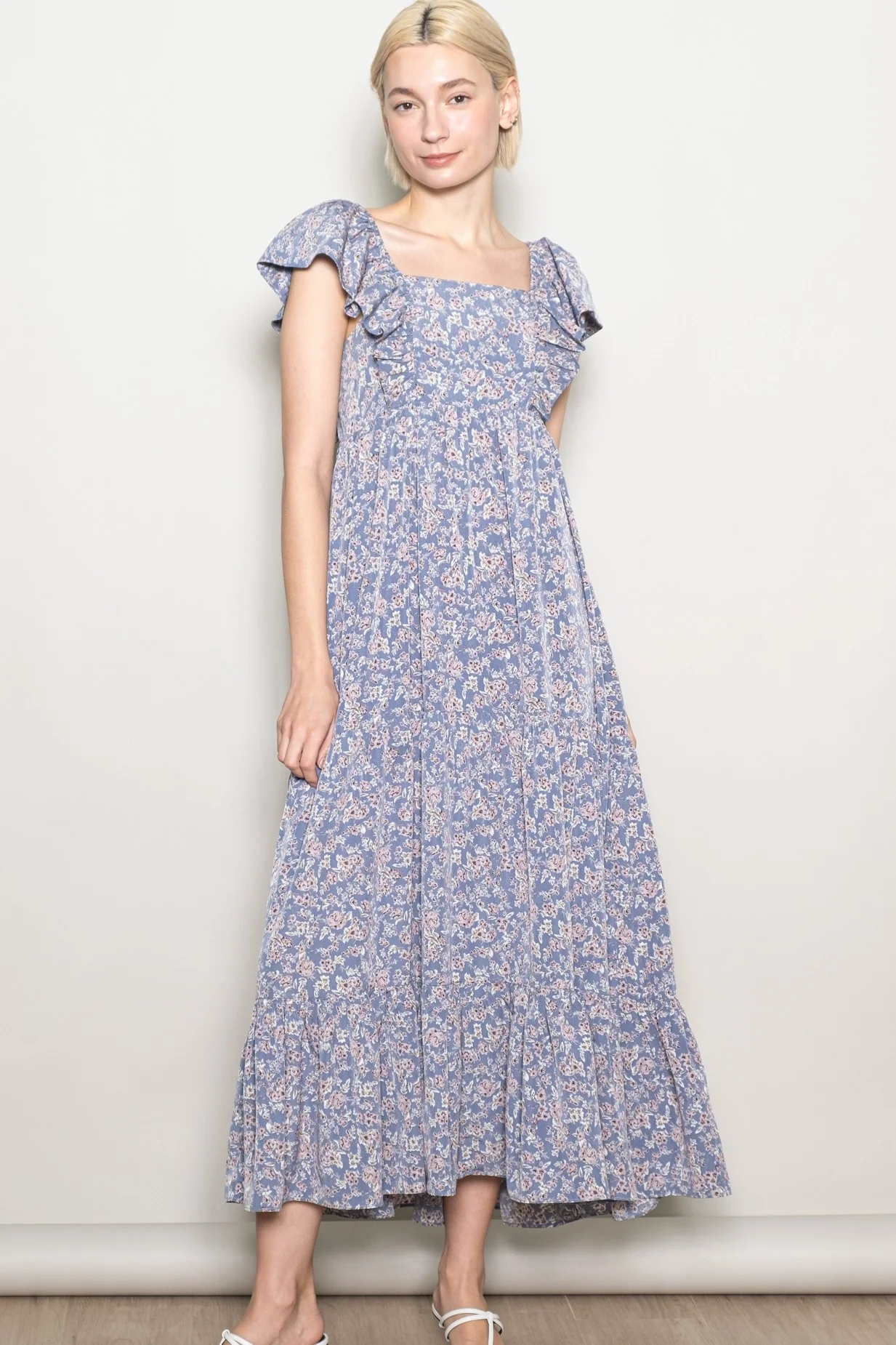 Blue Floral Ruffle Sleeve Maternity Maxi Dress - Image 5