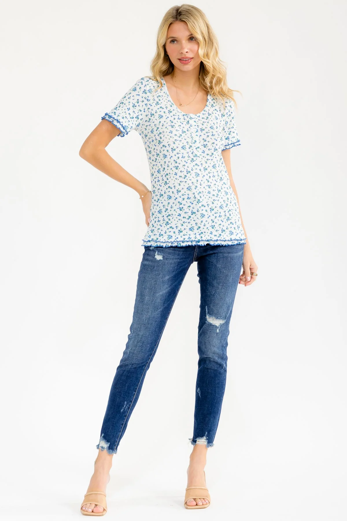 Blue Floral Ruffle Trim Henley Short Sleeve Top - Image 4