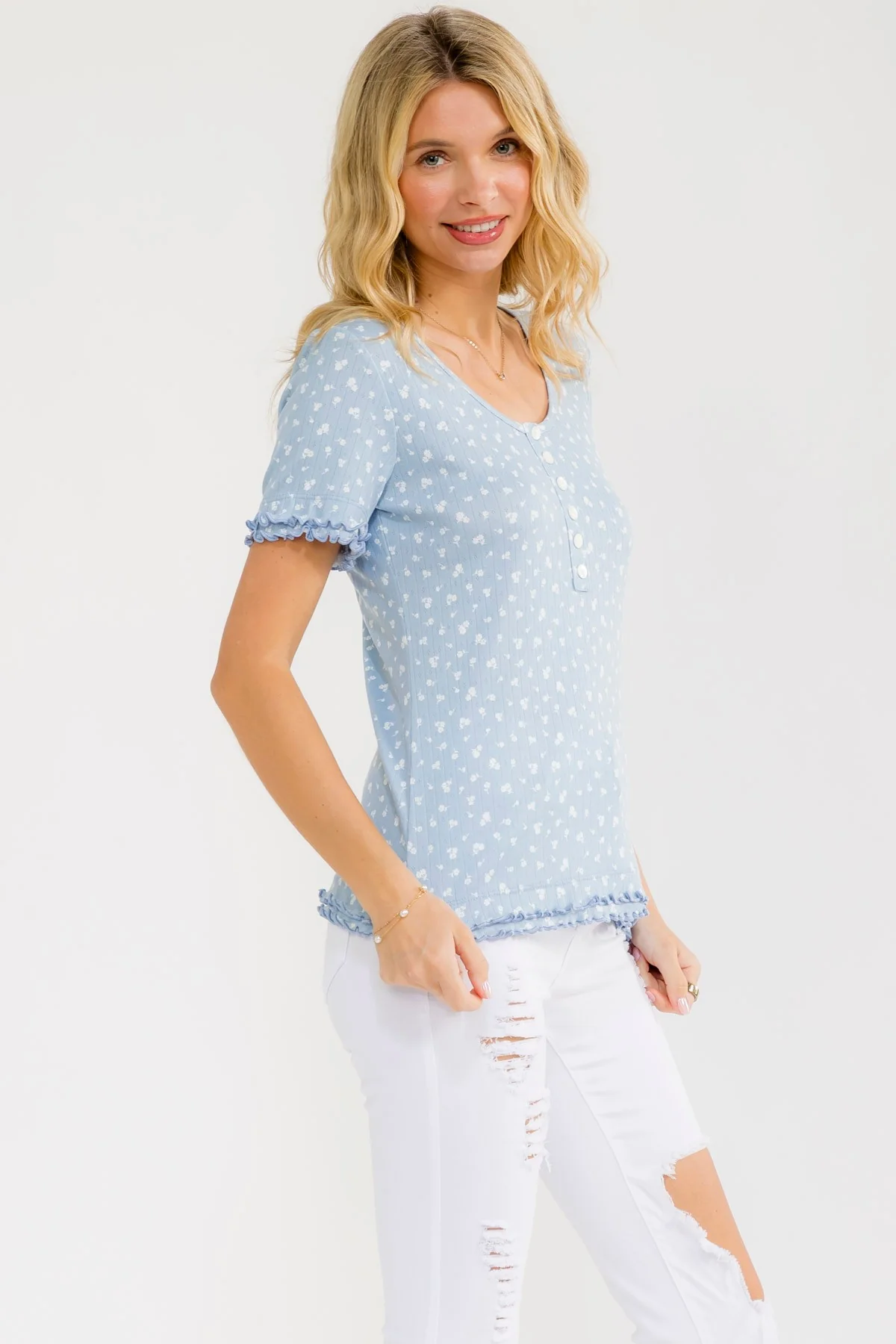 Blue Floral Ruffle Trim Henley Top - Image 3