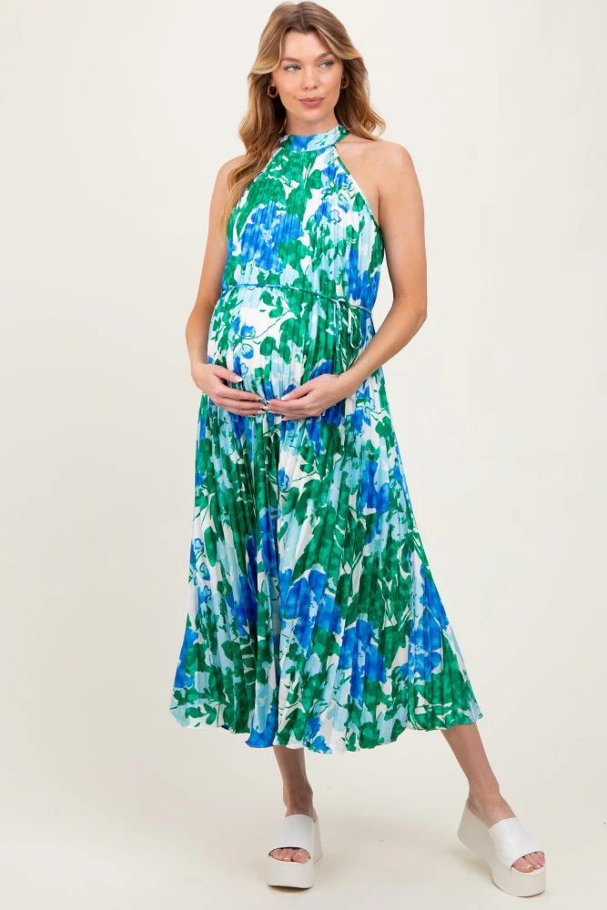 Blue Floral Satin Pleated Halter Neck Maternity Midi Dress - Image 3