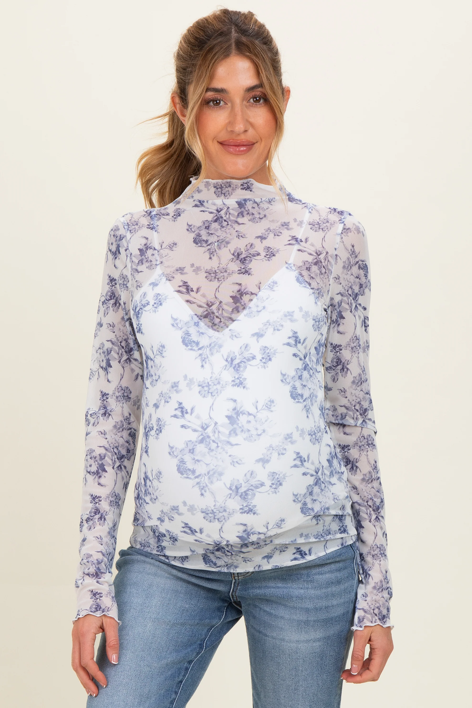 Blue Floral Sheer Mesh High Neckline Maternity Top