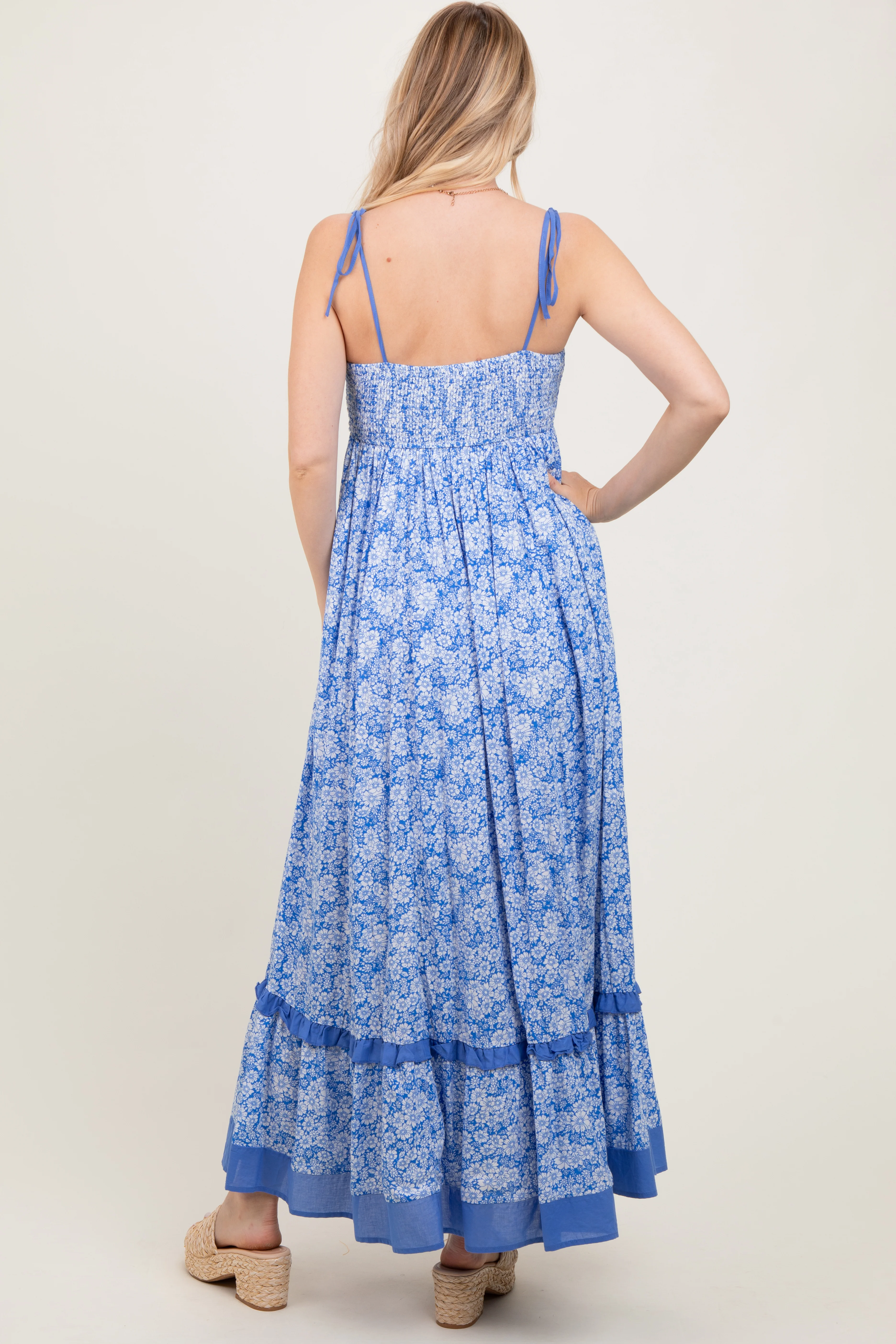 Blue Floral Shoulder Tie Maxi Dress - Image 3