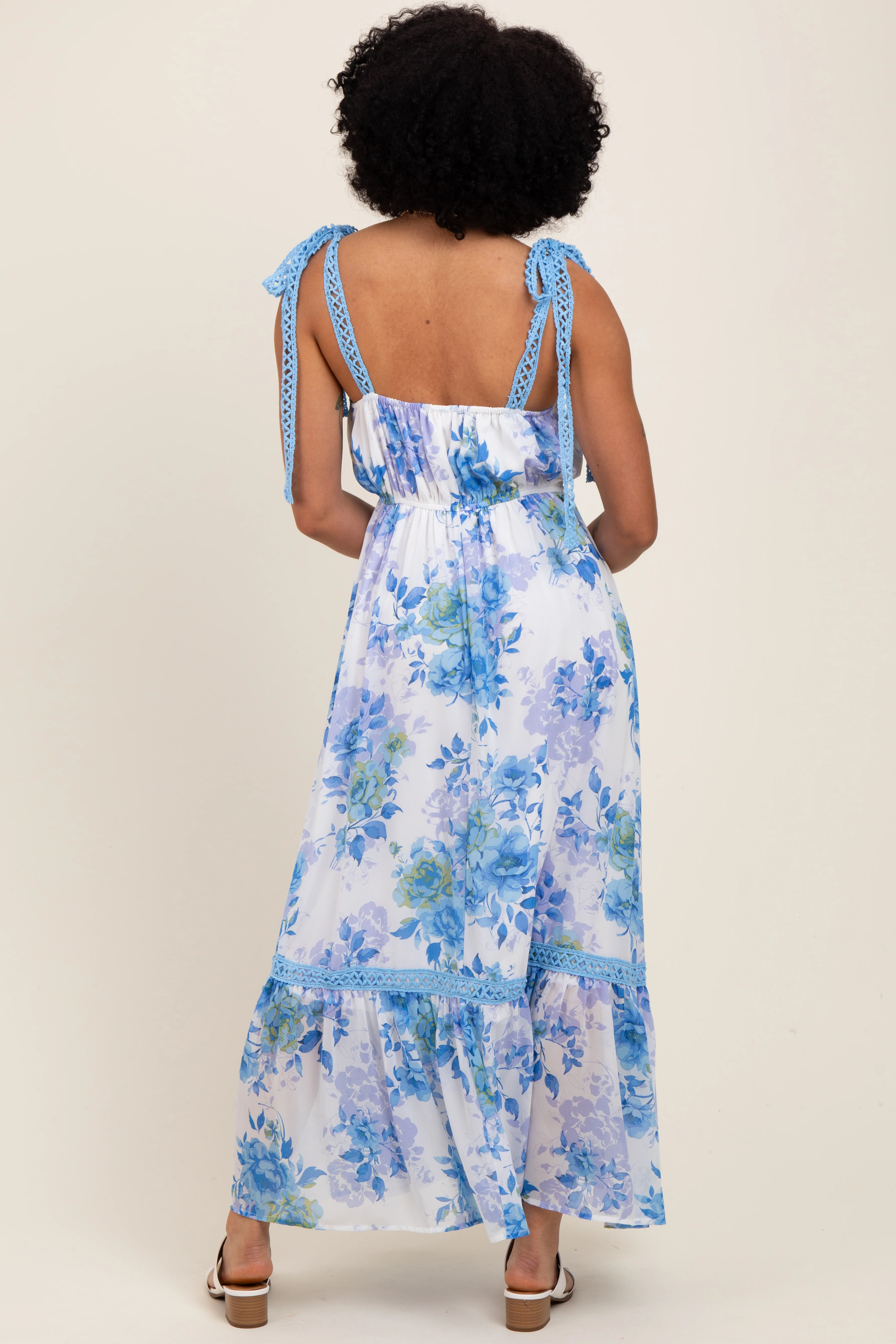 Blue Floral Shoulder Tie Tiered Maxi Dress - Image 3