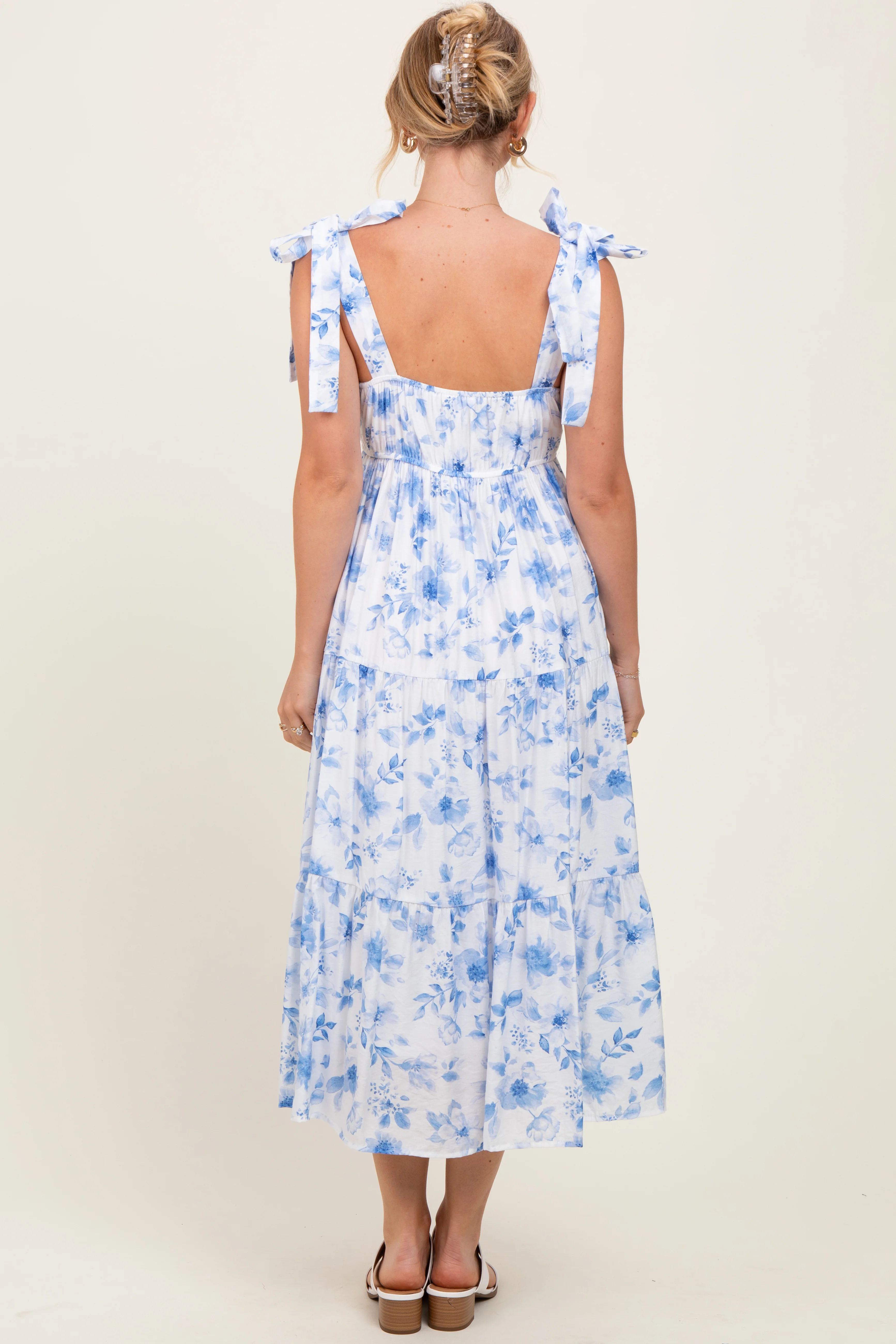 Blue Floral Shoulder Tie Tiered Midi Dress - Image 4