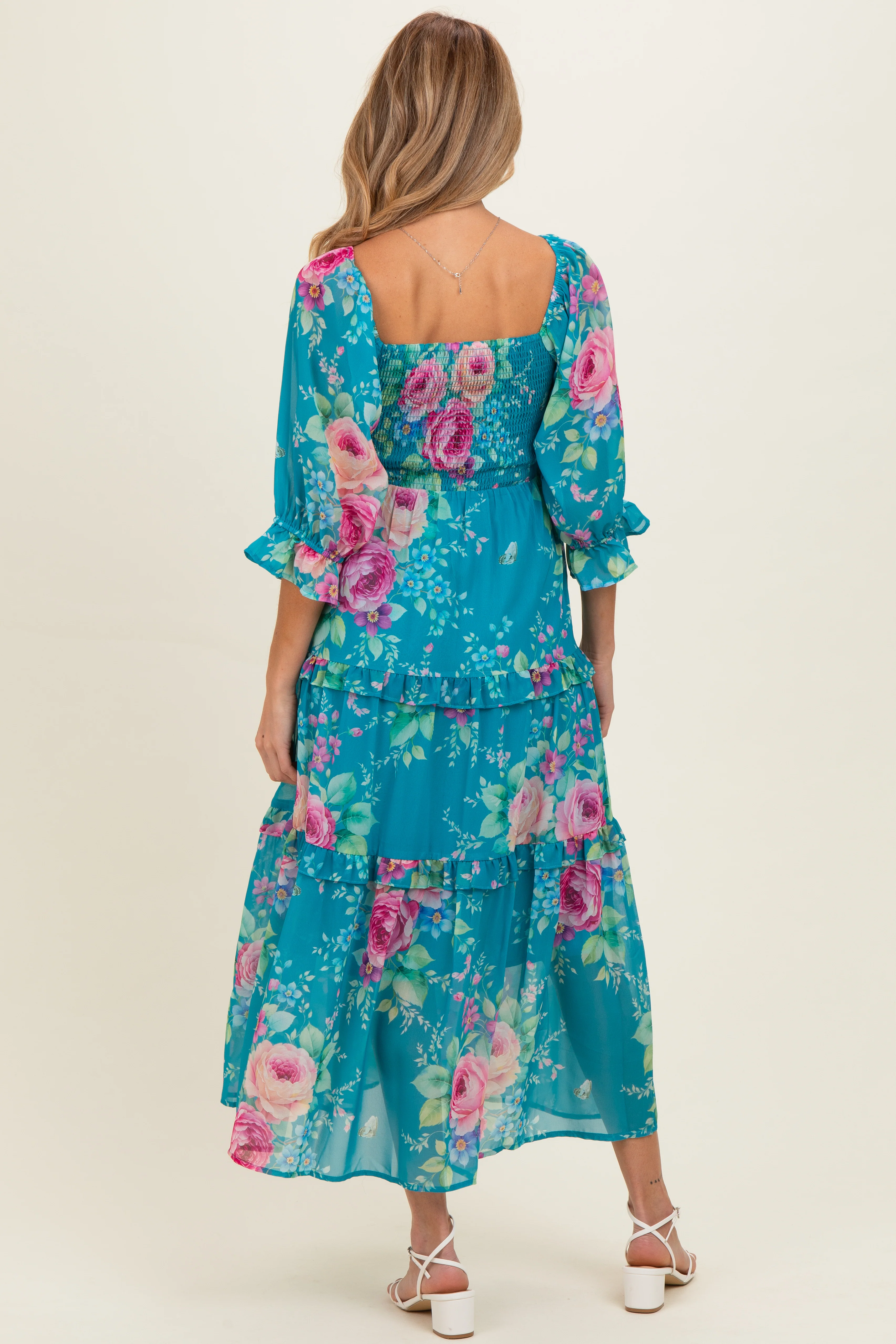 Blue Floral Smocked Chiffon Tiered Maternity Maxi Dress - Image 3