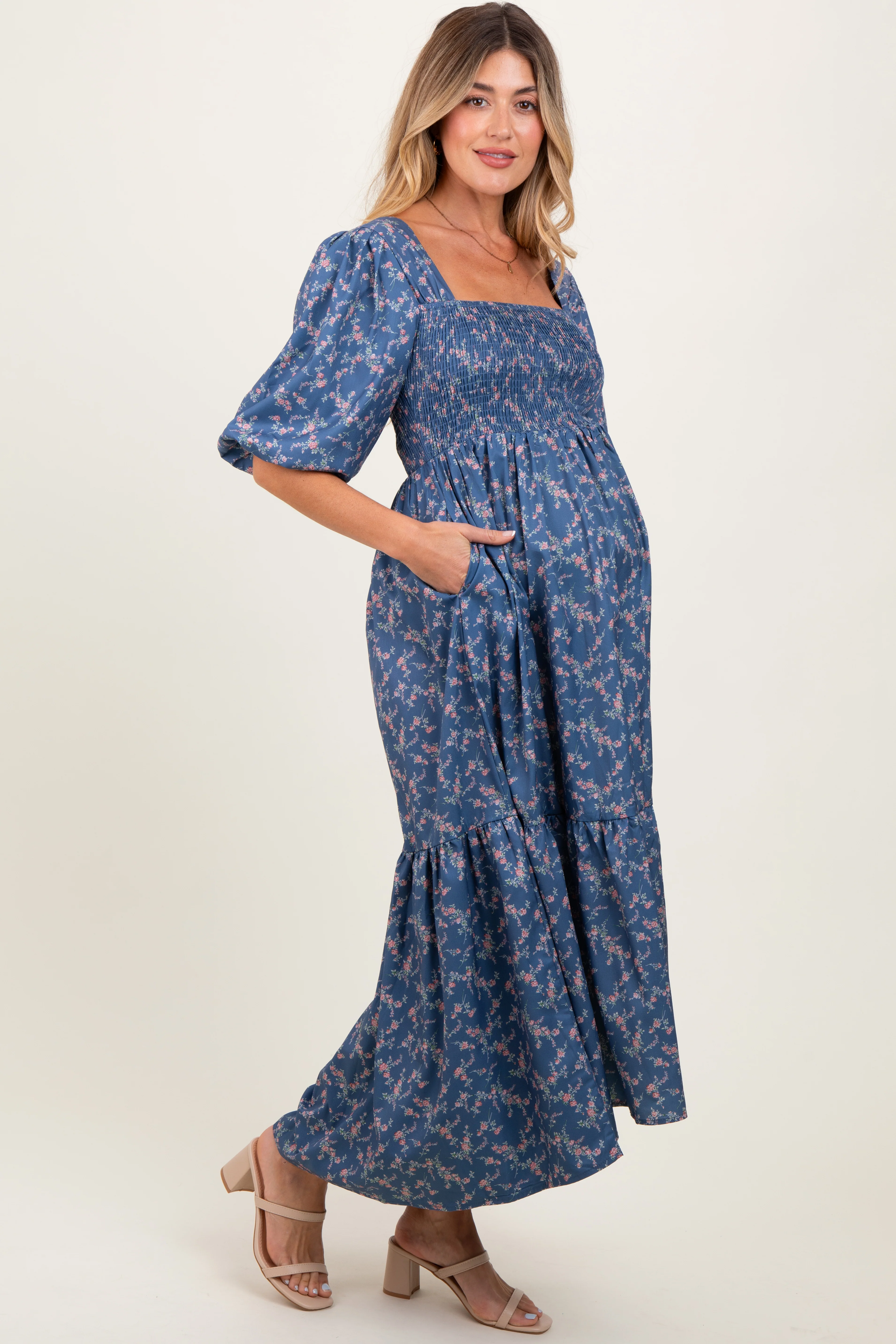 Blue Floral Smocked Hi-Low Puff Sleeve Maternity Maxi Dress - Image 3