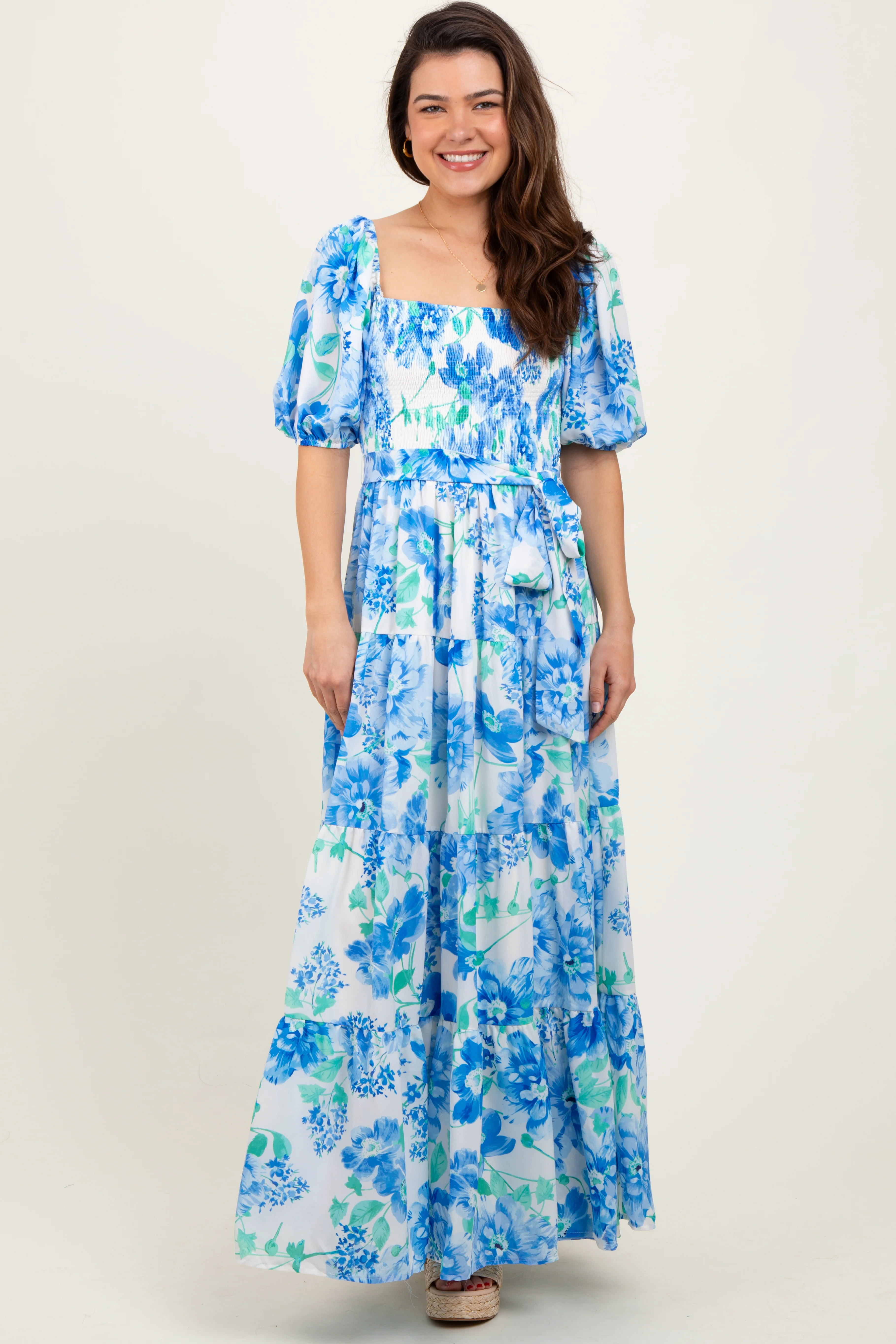Blue Floral Smocked Puff Sleeve Maternity Maxi Dress - Image 4