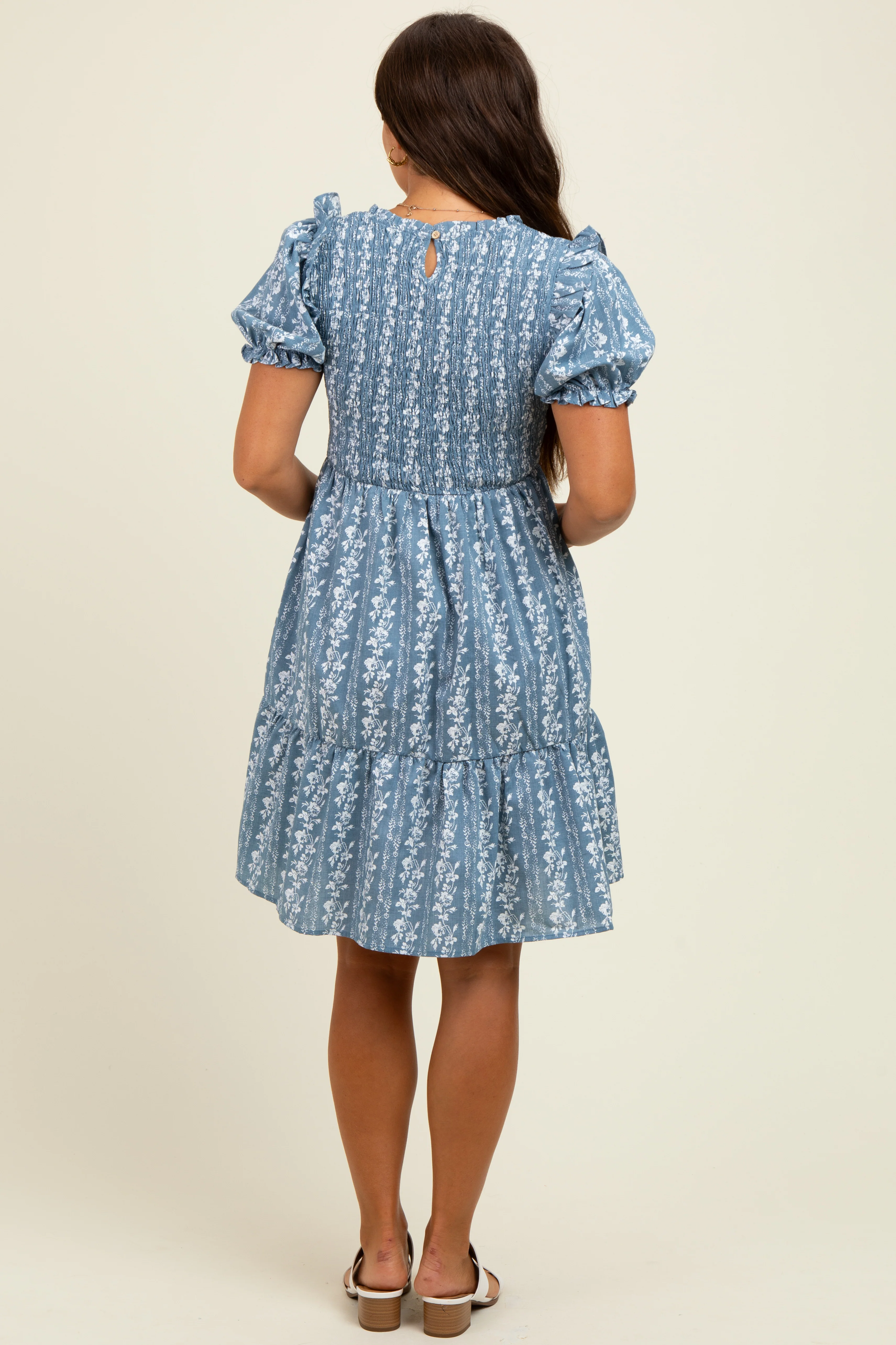 Blue Floral Smocked Ruffle Accent Maternity Dress - Image 4