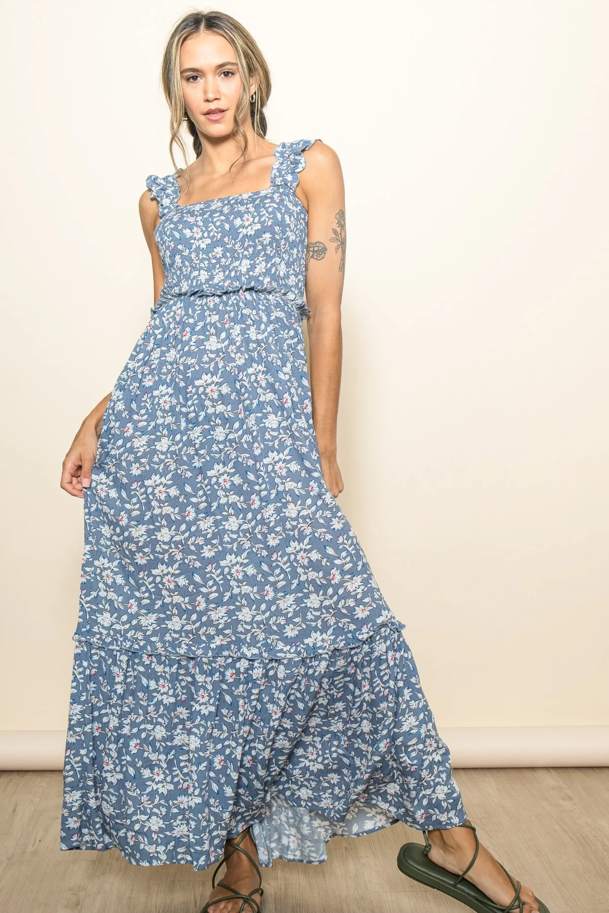 Blue Floral Smocked Ruffle Accent Maternity Maxi Dress - Image 4