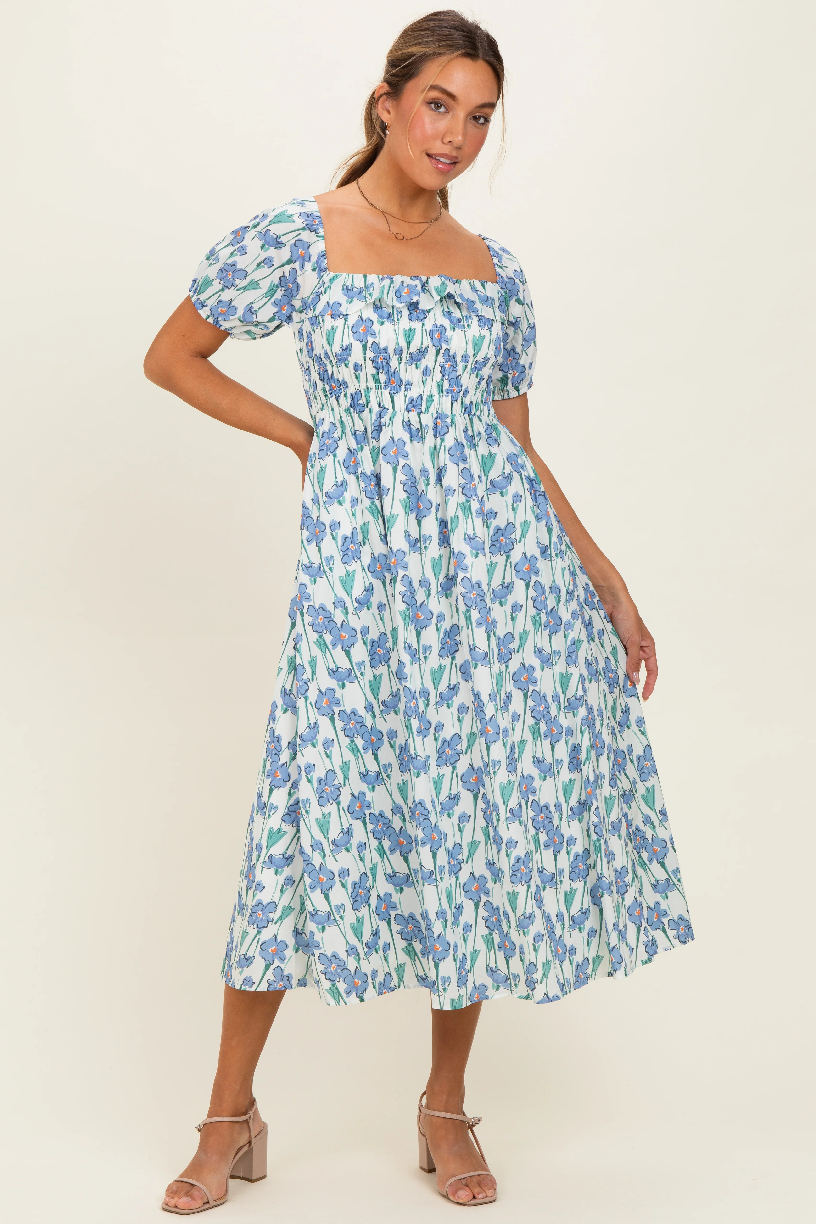 Blue Floral Smocked Ruffle Accent Midi Dress - Image 2