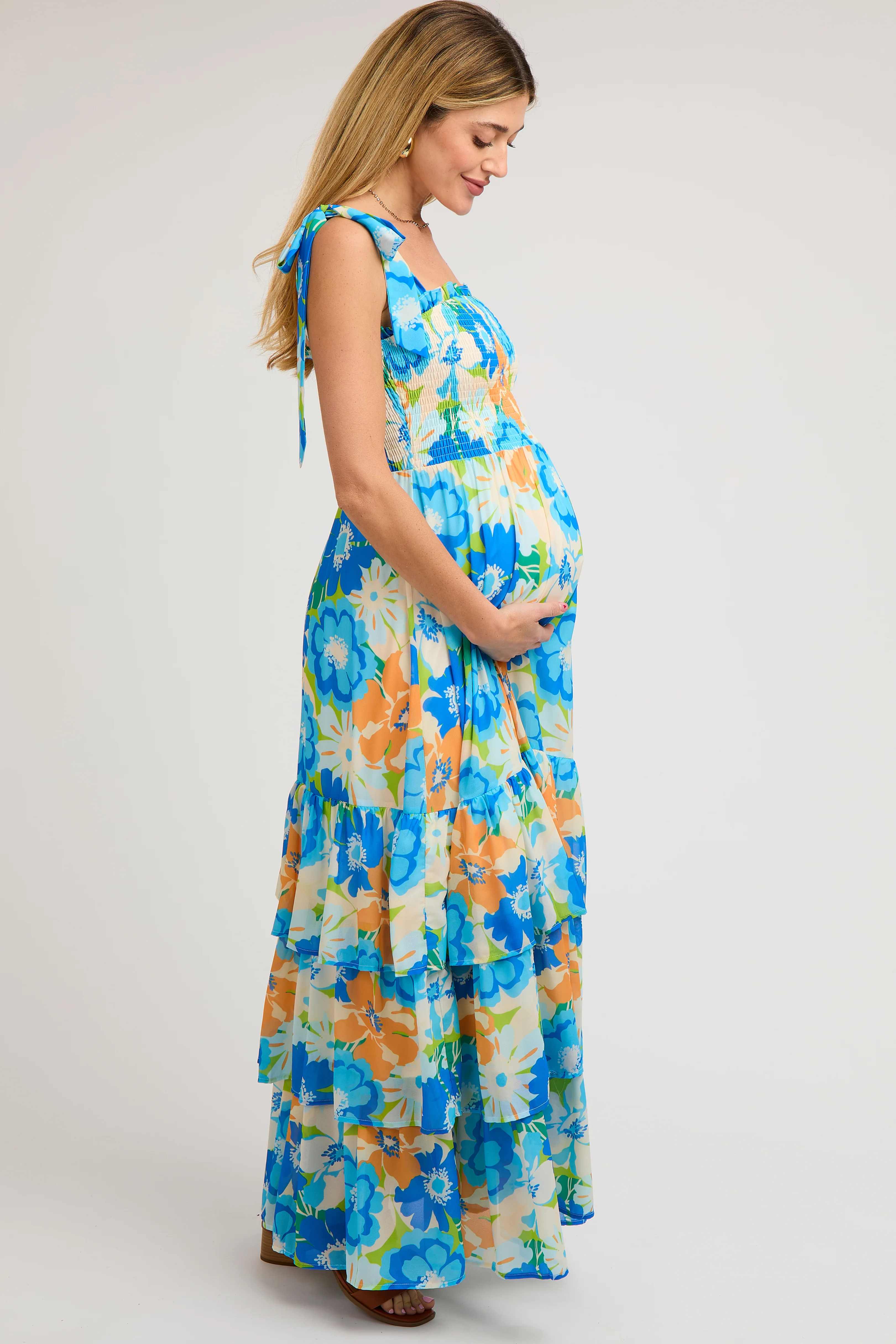Blue Floral Smocked Shoulder Strap Maternity Maxi Dress - Image 3