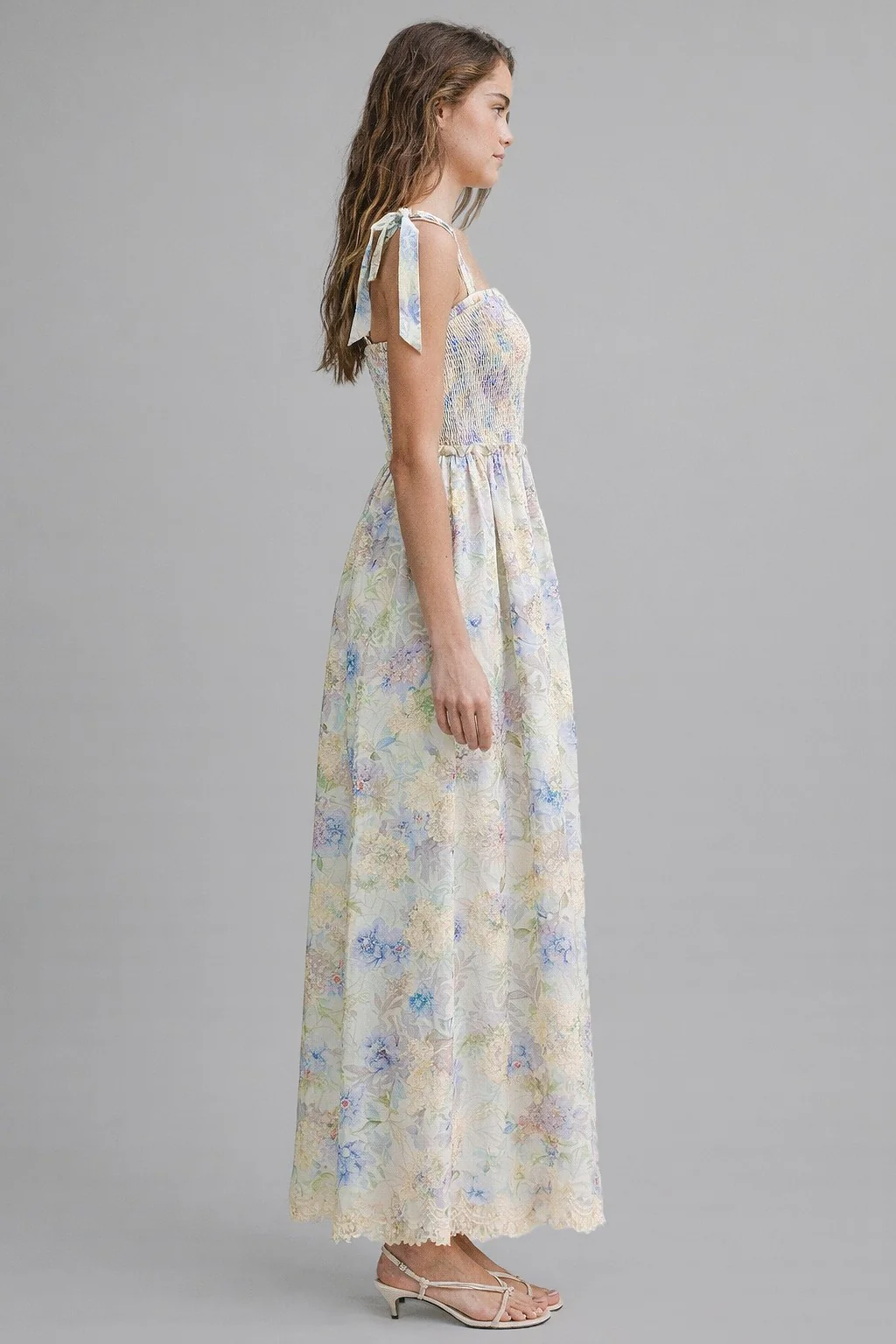 Blue Floral Smocked Shoulder Tie Maxi Dress - Image 3