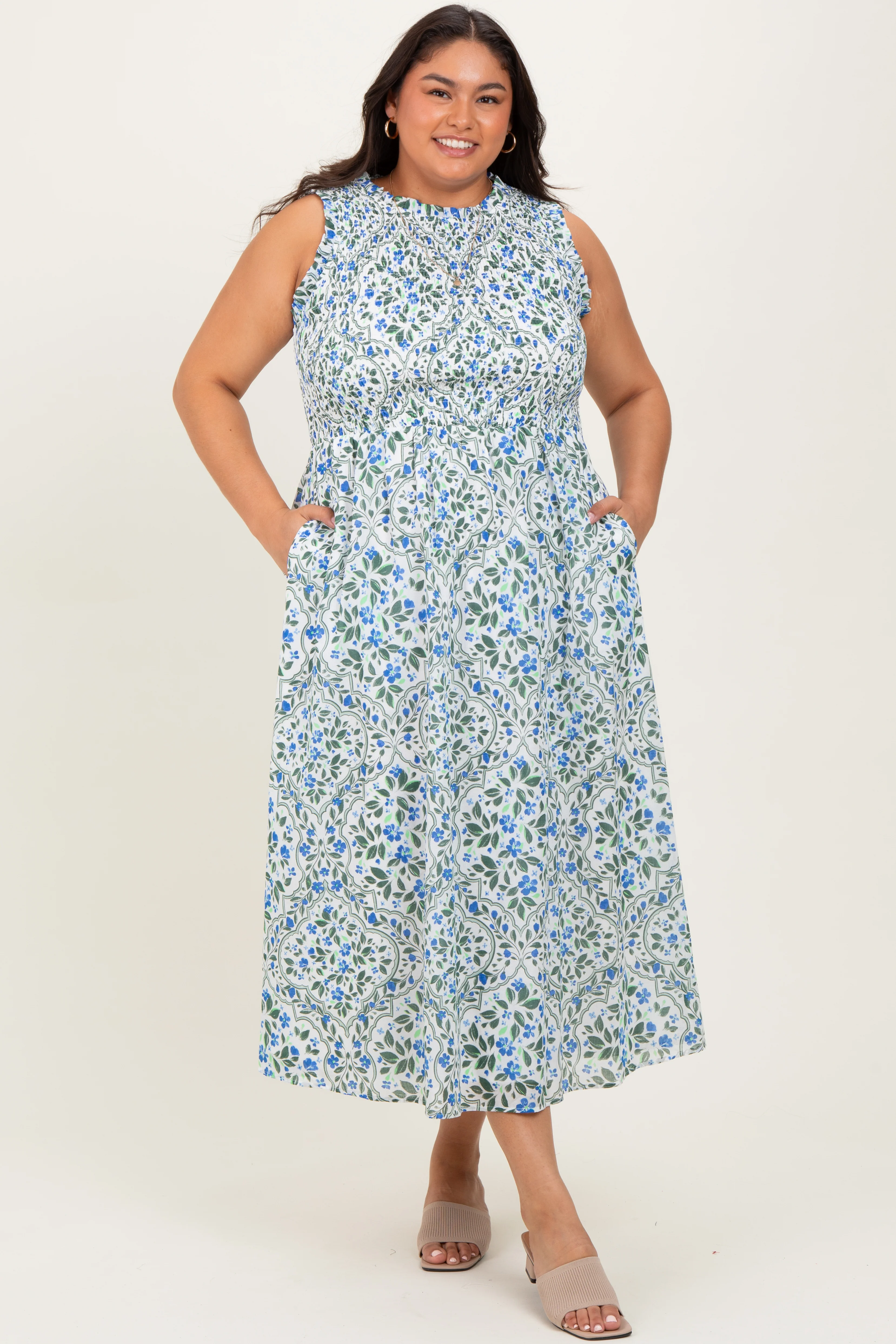 Blue Floral Smocked Sleeveless Plus Midi Dress - Image 2
