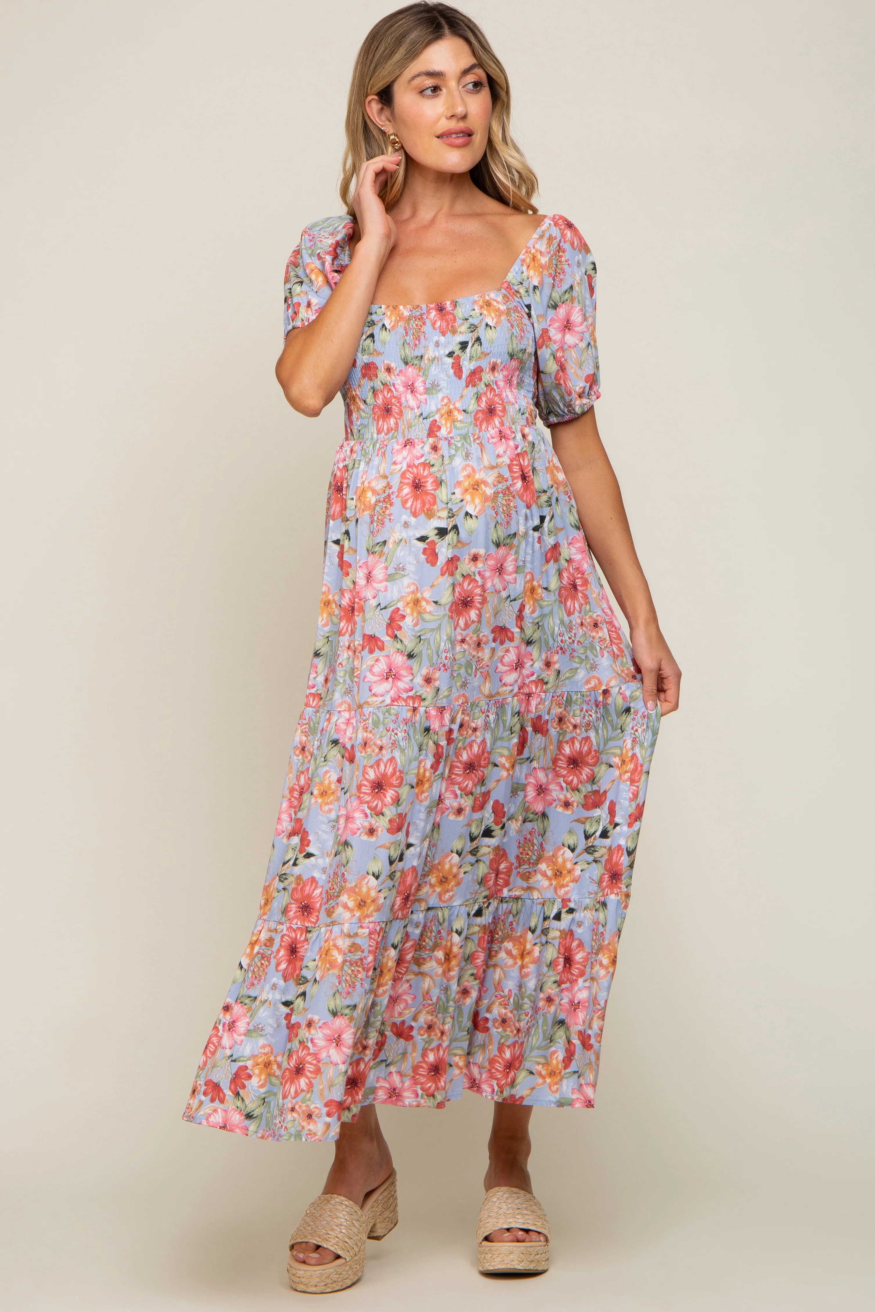 Blue Floral Smocked Square Neck Tiered Maternity Maxi Dress - Image 2