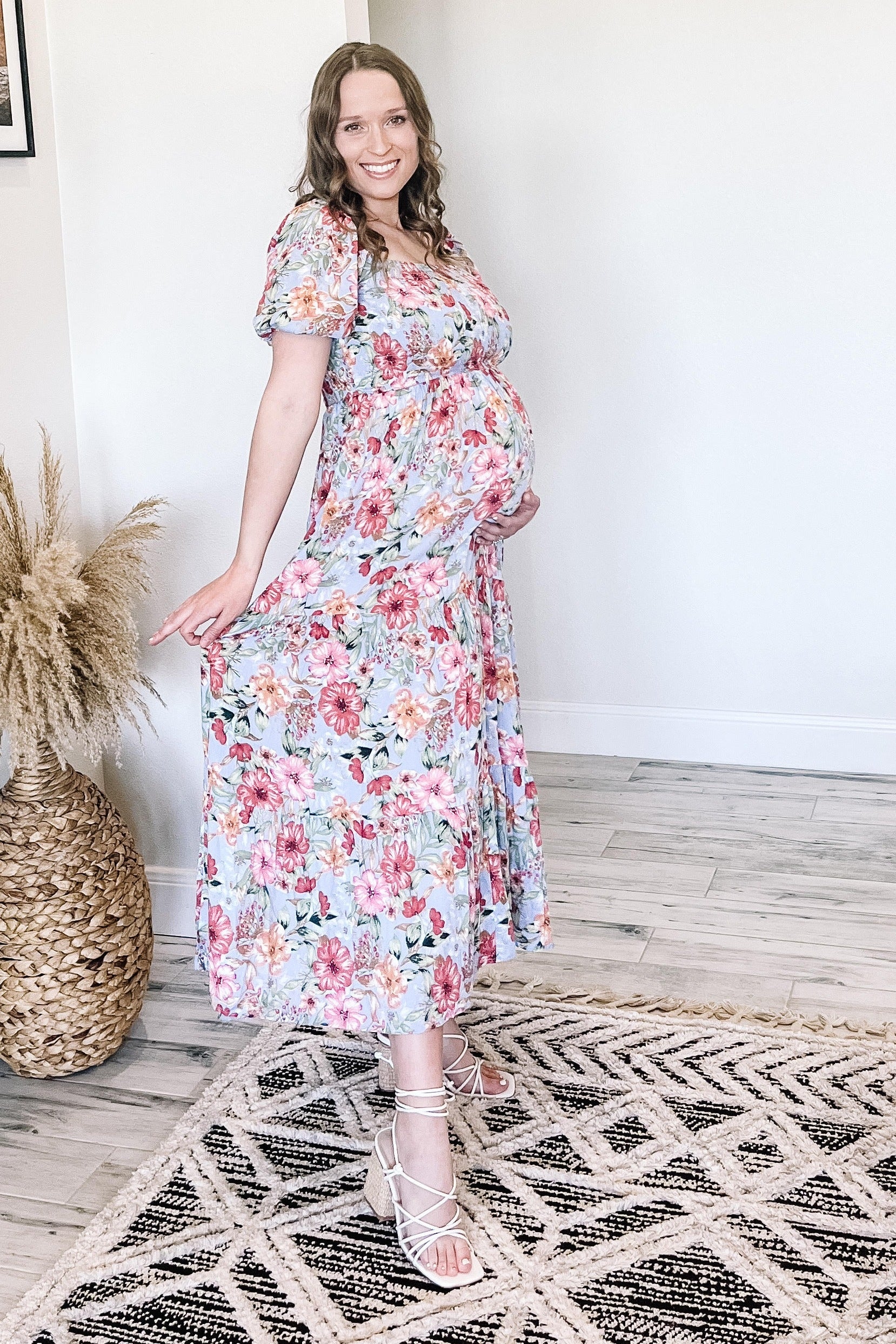 Blue Floral Smocked Square Neck Tiered Maternity Maxi Dress - Image 6