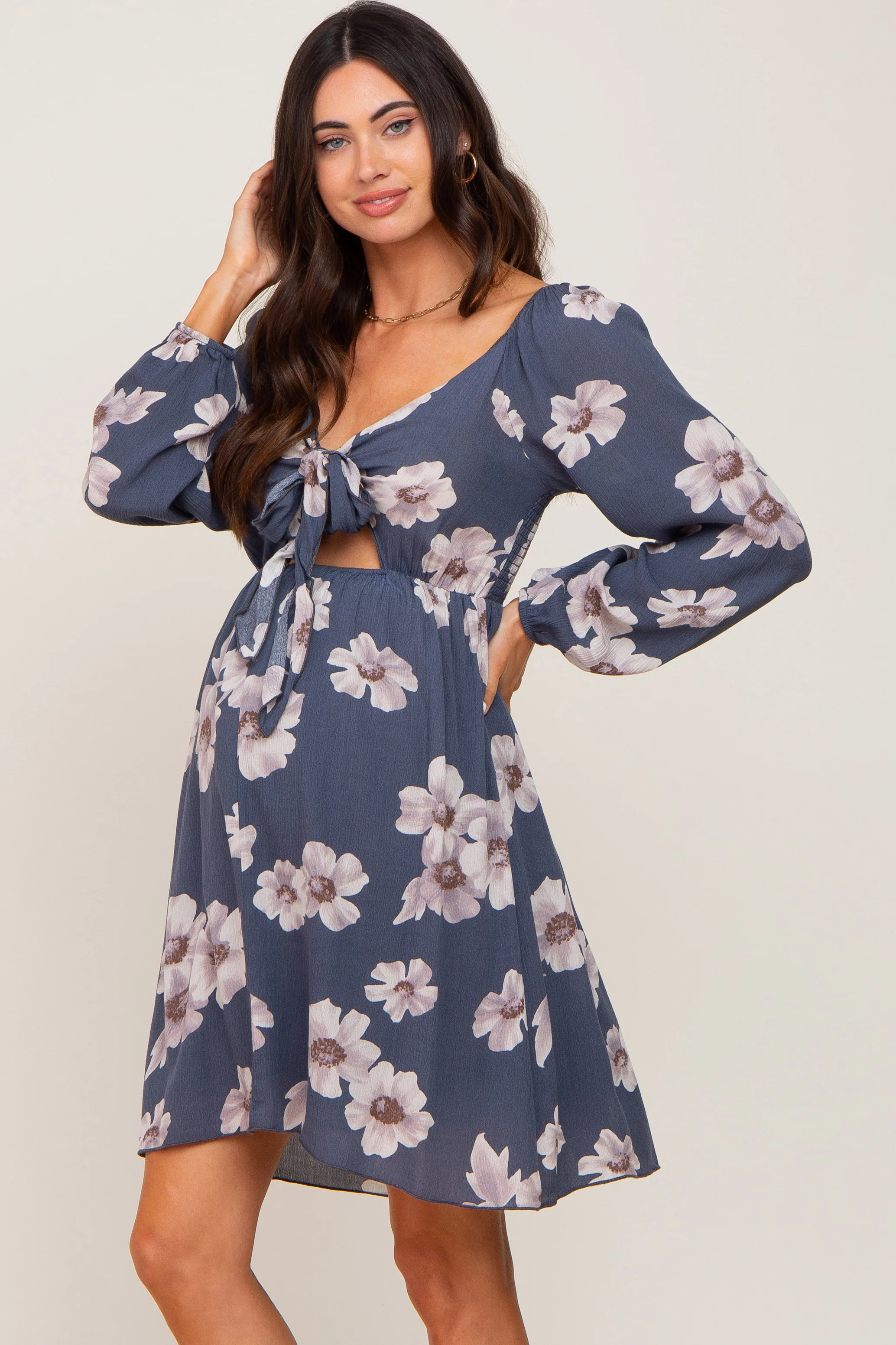 Blue Floral Smocked Tie Back Maternity Dress - Image 3