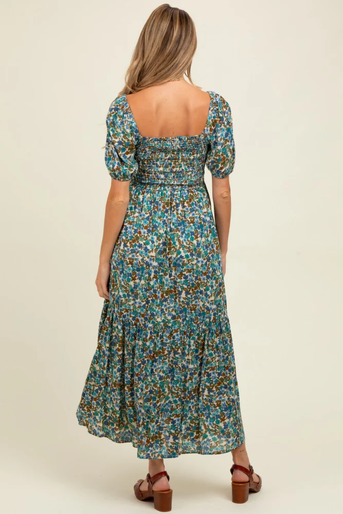 Blue Floral Smocked Tiered Maternity Midi Dress - Image 4