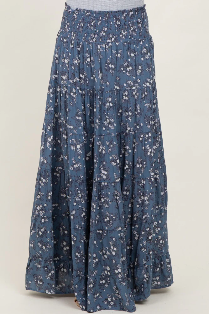 Blue Floral Smocked Waist Tiered Maxi Skirt - Image 3