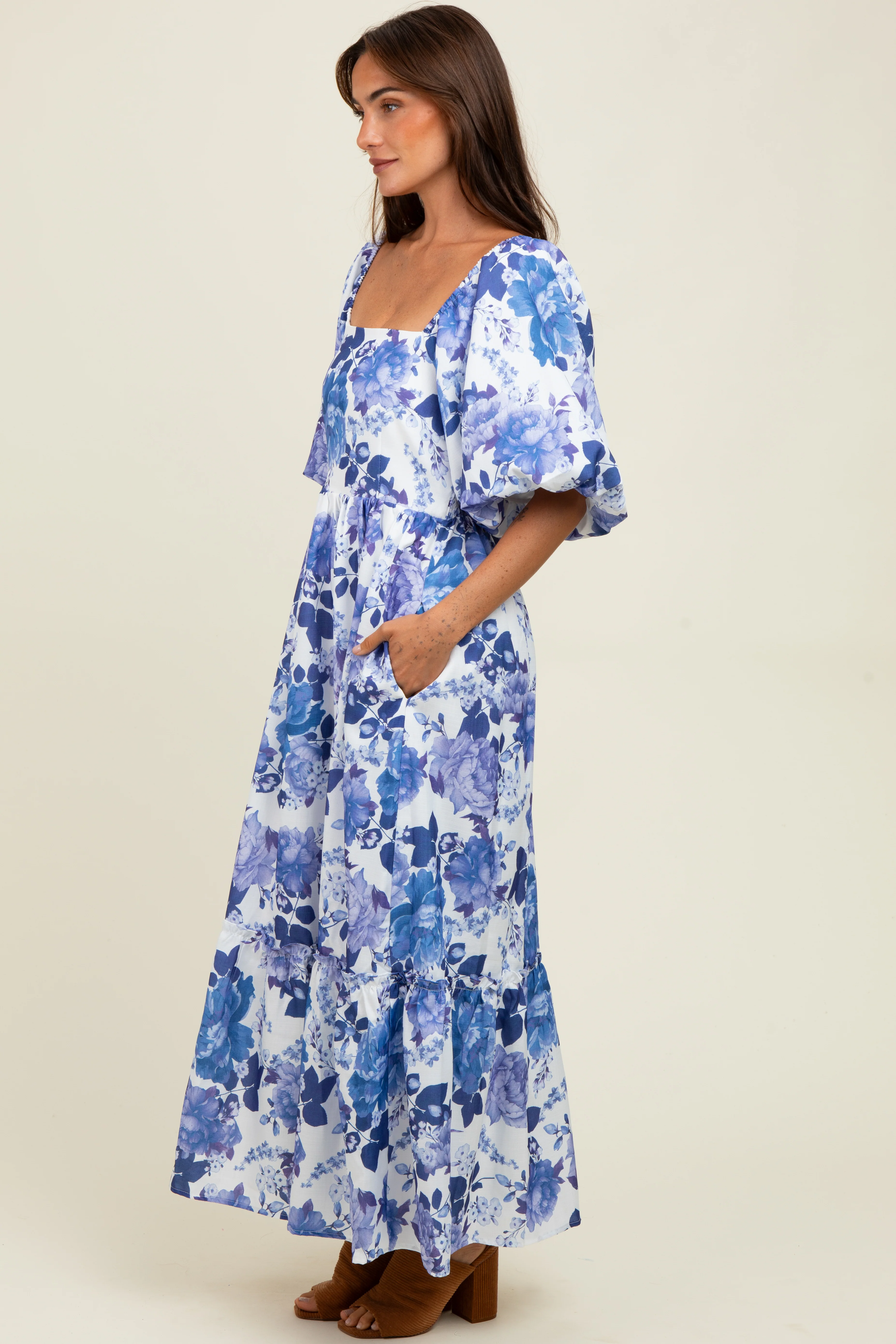 Blue Floral Square Neck Puffed Sleeve Maxi Dress - Image 3