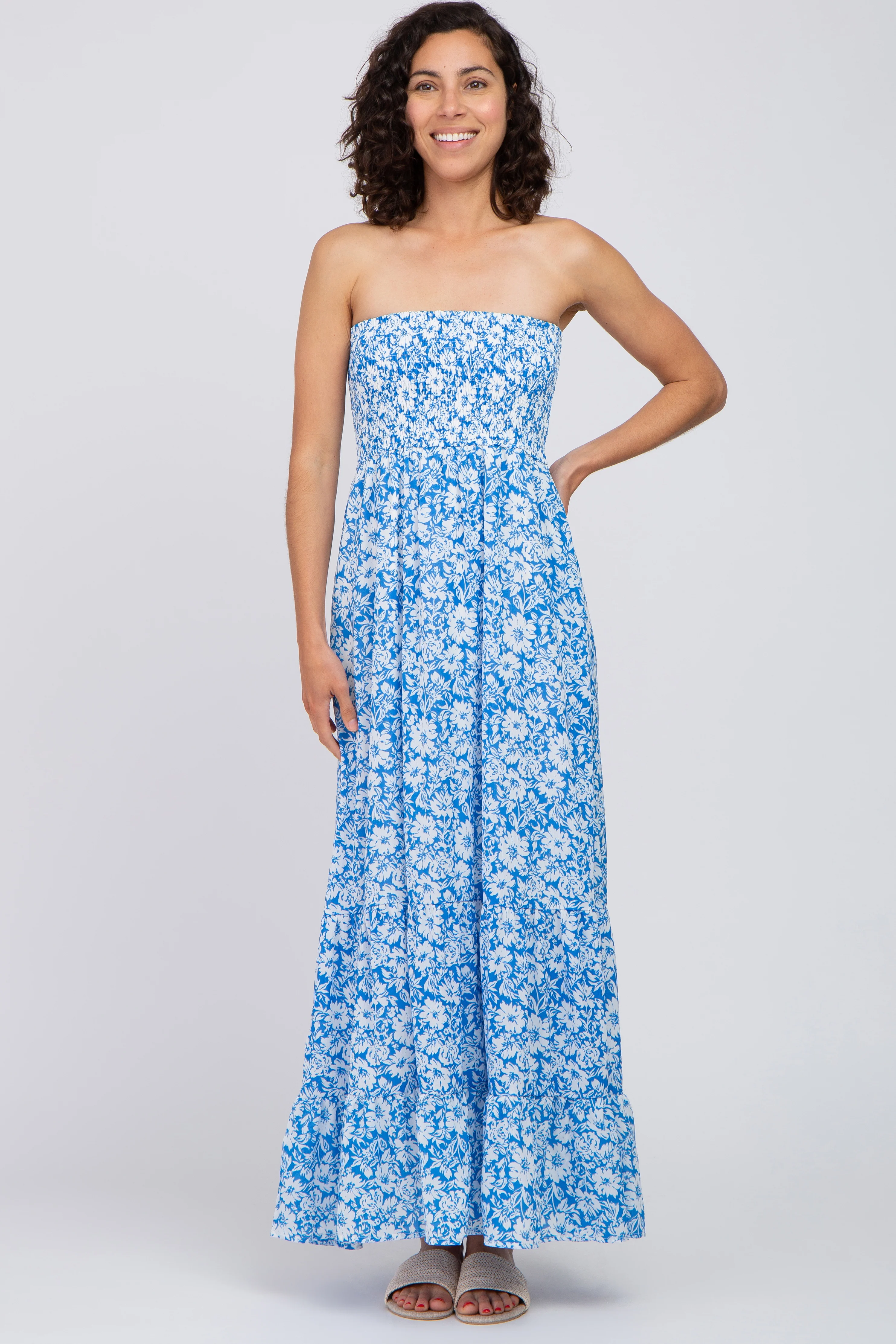 Blue Floral Strapless Smocked Maternity Maxi Dress - Image 6
