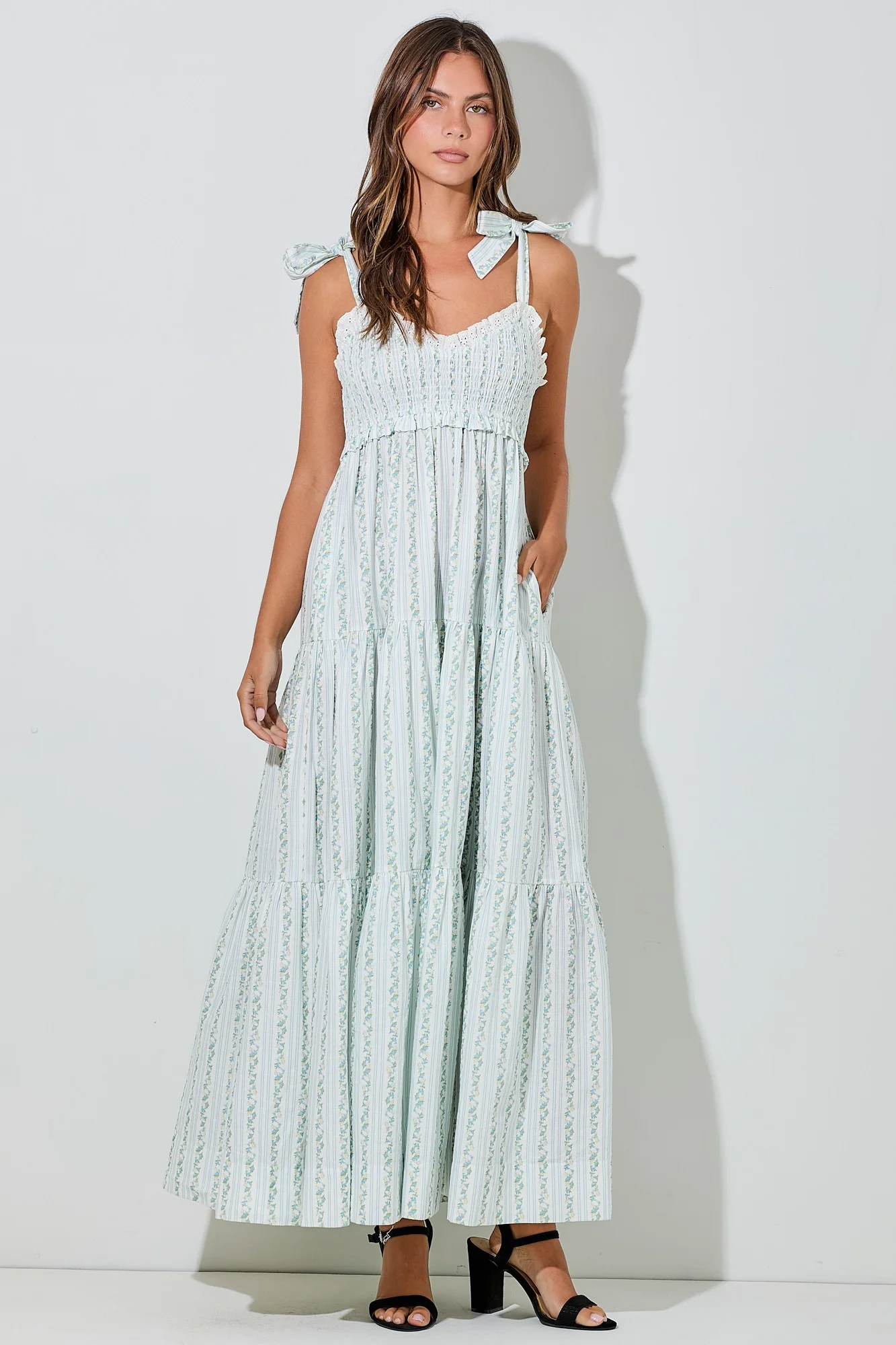 Blue Floral Striped Smocked Shoulder Tie Maternity Maxi Dress - Image 5