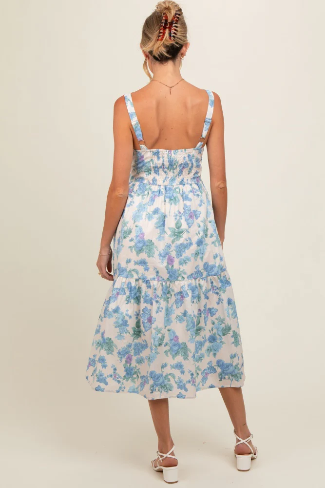 Blue Floral Sweetheart Neck Button Front Maternity Midi Dress - Image 4