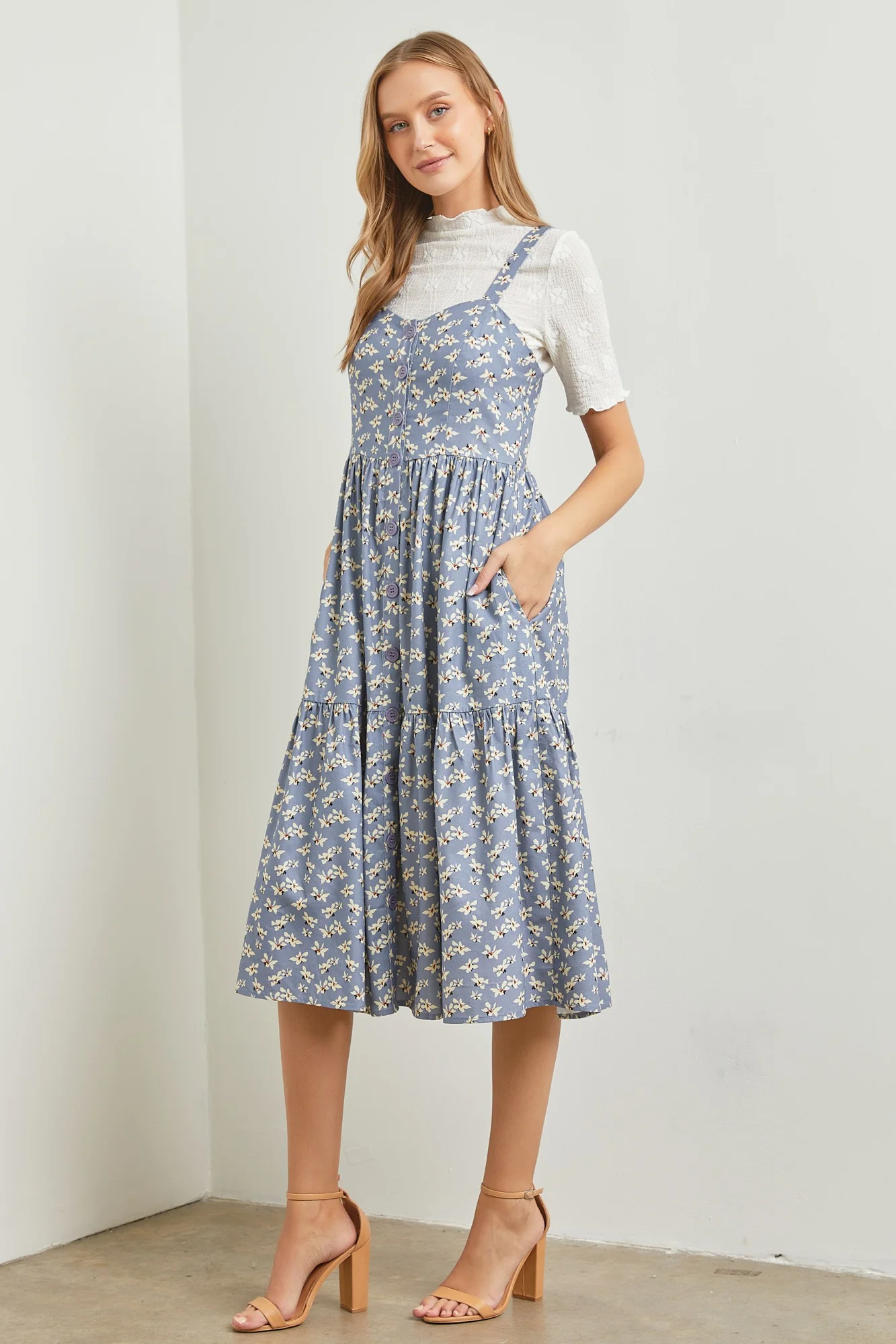 Blue Floral Sweetheart Neck Button Front Ruffle Midi Dress - Image 2