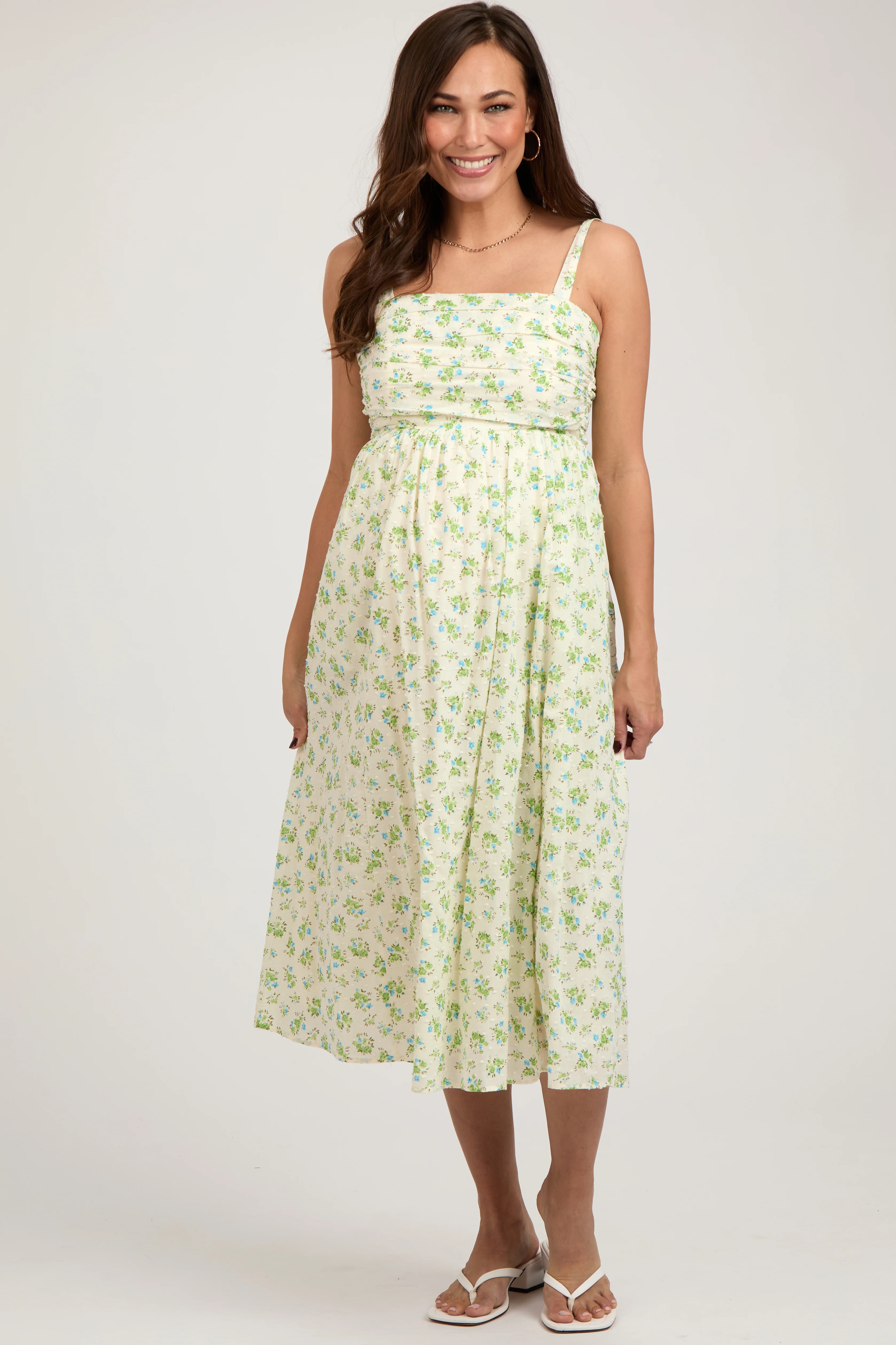 Blue Floral Textured Dot Square Neck Maternity Midi Dress - Image 3