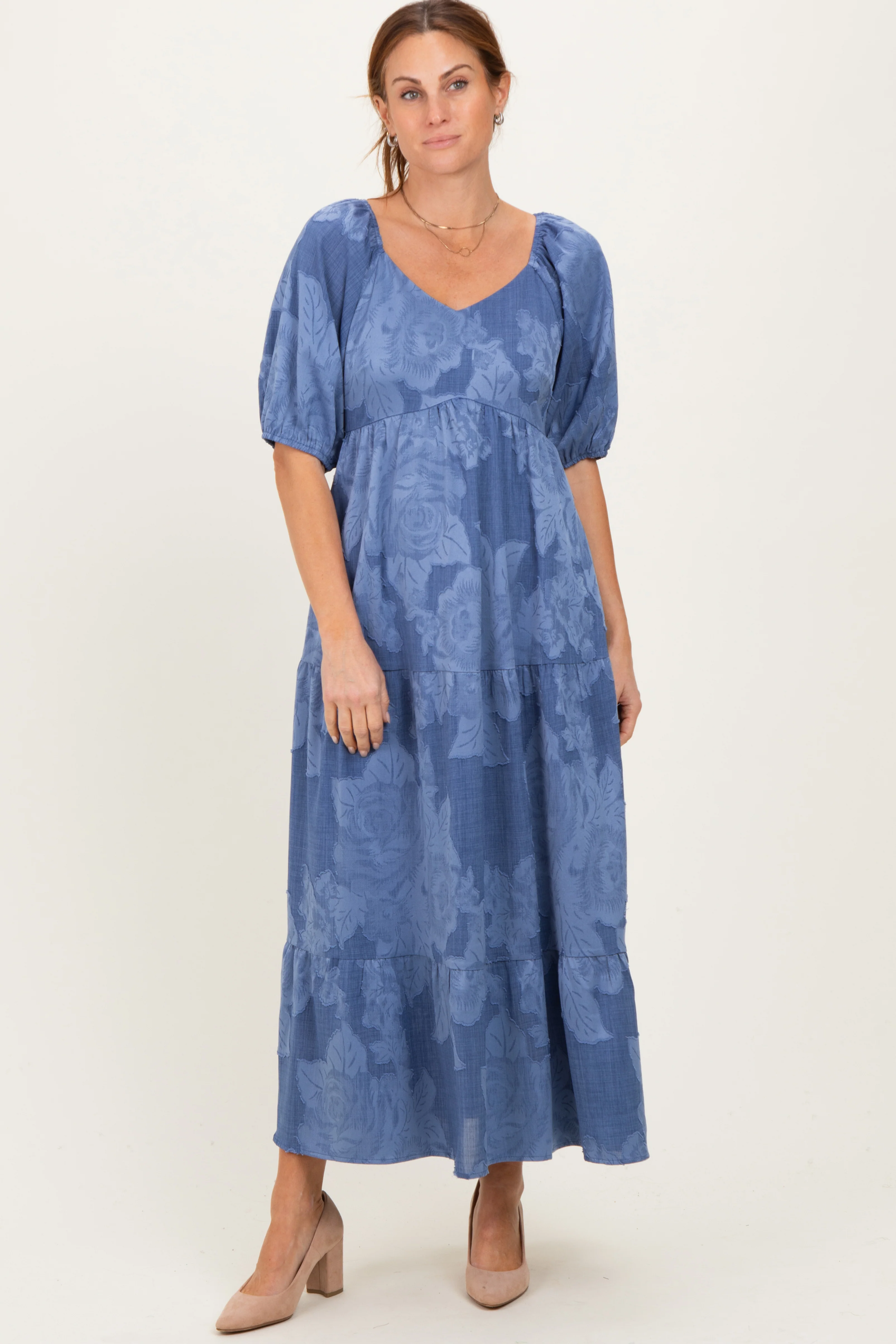 Blue Floral Textured Tiered Midi Maternity Dress - Image 5